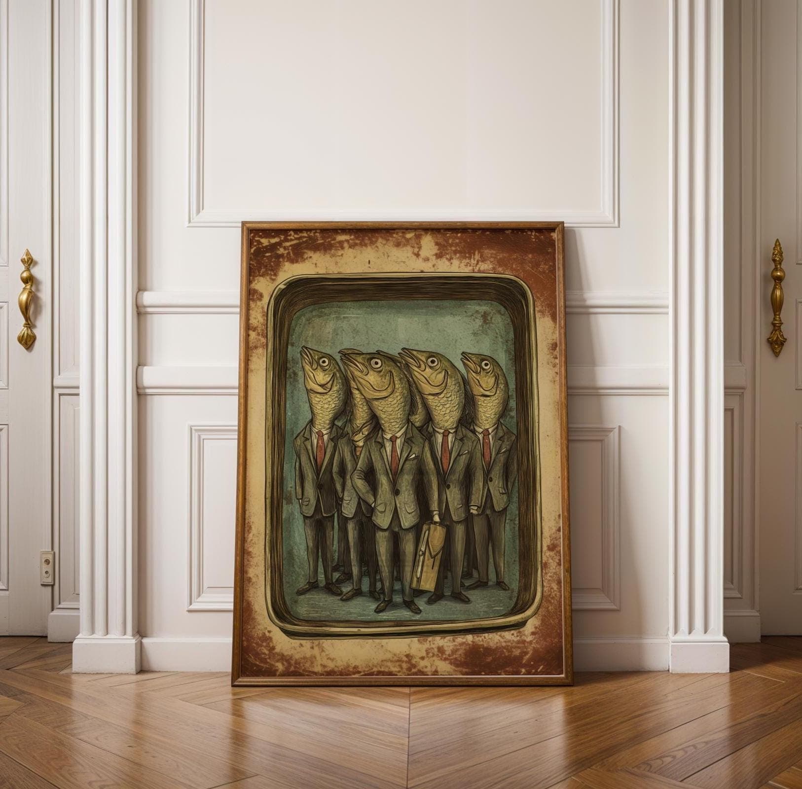 Funny Sardine Painting, Funny Retro Surrealism Wall Print, Dark Humor Wall Decor, Vintage Sardine Print, Digital Download, Sardine Art