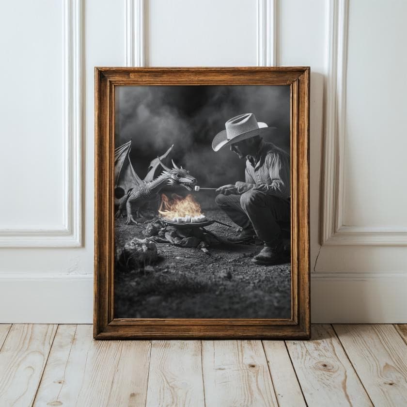 Cowboy and Dragon Campfire Fantasy Wall Art in Black and White Surreal Western Dragon Print, Fantasy Western Dragon Campfire Poster