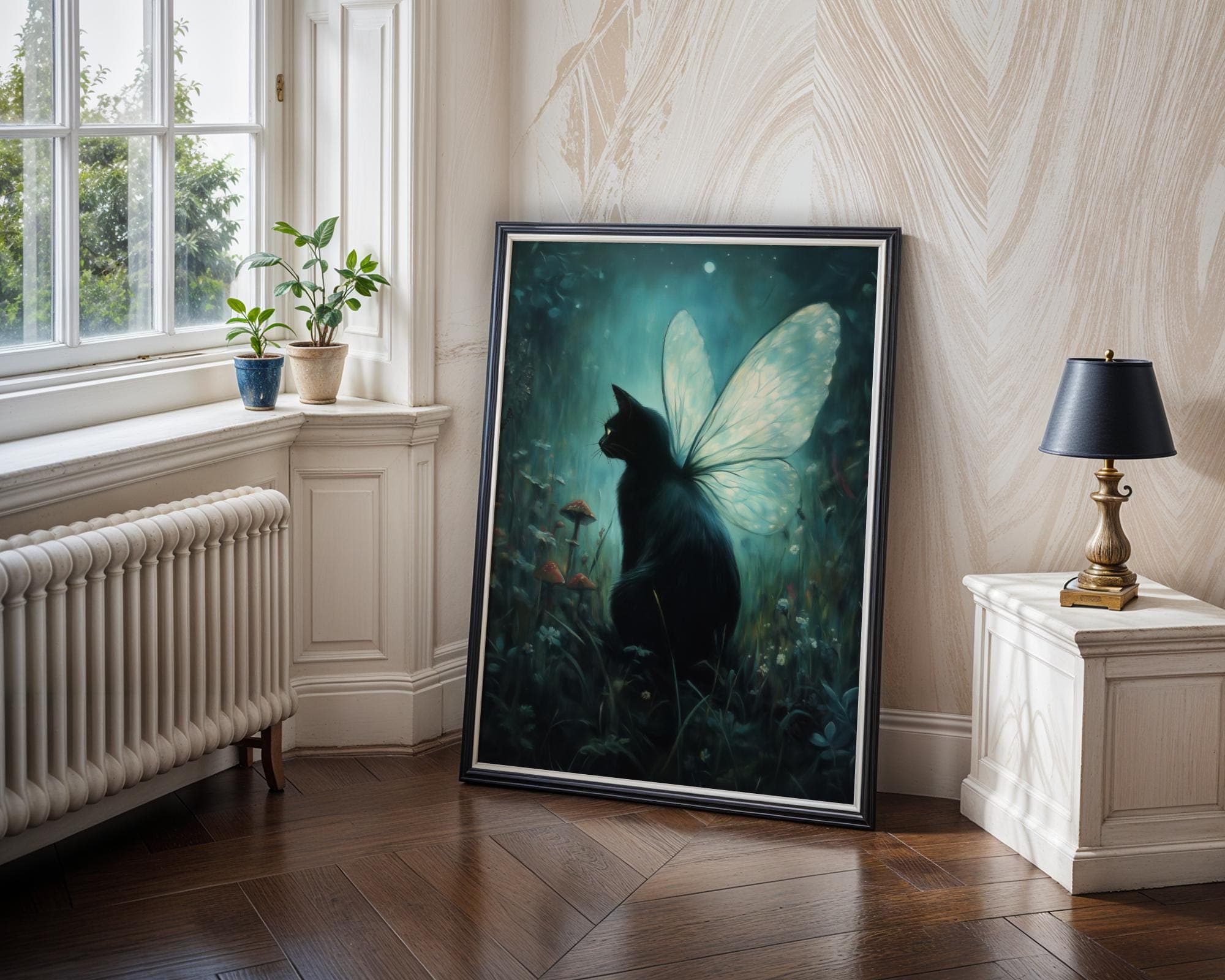 Mystical Black Cat Fairy Wall Art, Dark Forest Fantasy Print, Magical Gothic Home Decor, Whimsical Black Cat Art, Dark Fantasy Cat Art Print - view 3