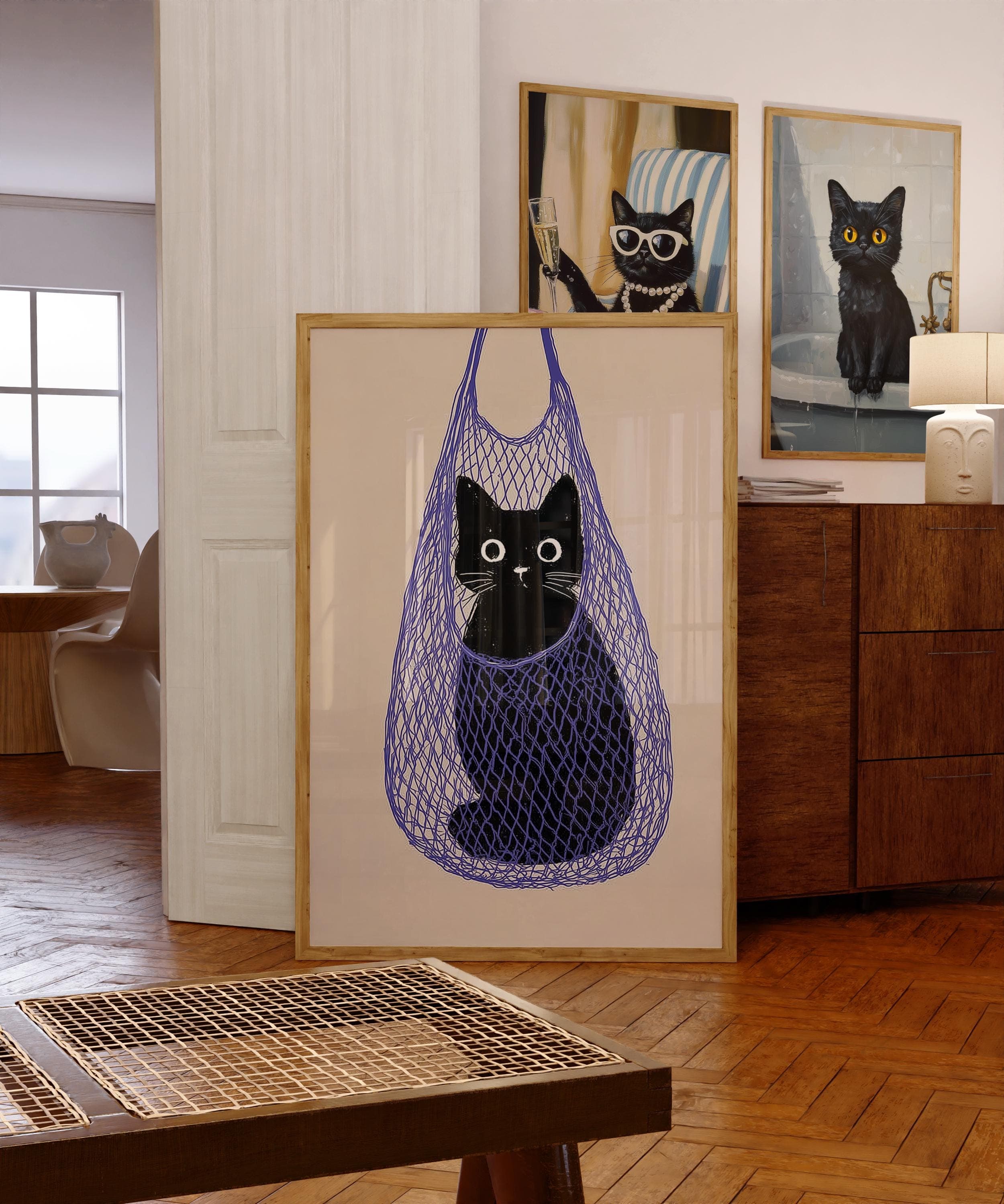 Funny Cat Wall Print, Quirky Cat Lover Gift, Whimsical Black Cat Wall Art, Black Cat in Bag Minimal Wall Art, Animal Art, Quirky Cat Decor