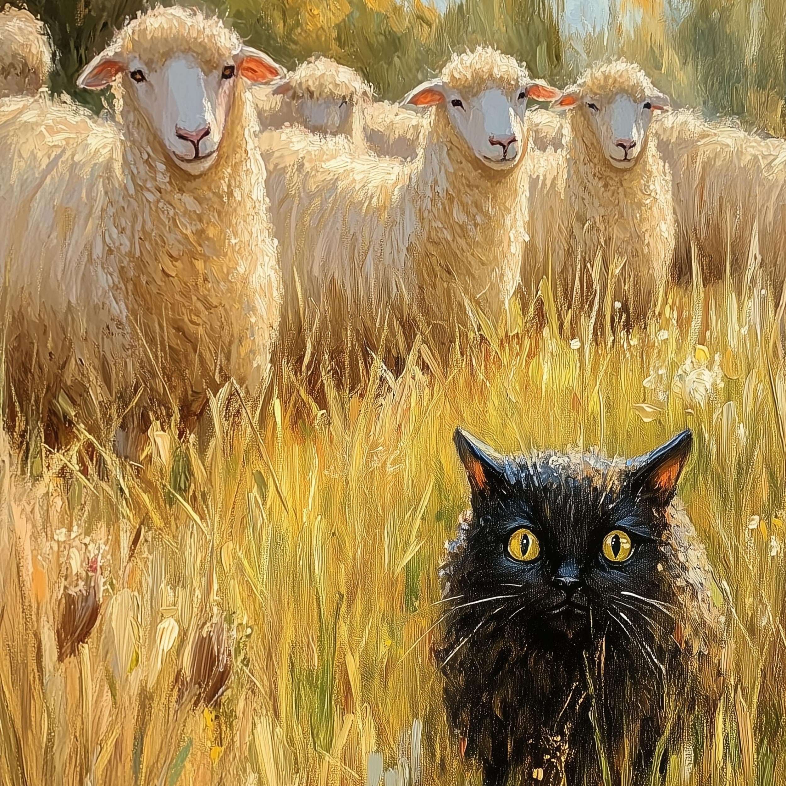 Funny Black Cat with Sheep – Whimsical Farm Wall Art, Rustic Farmhouse Art, Funny Wall Decor, Funny Black Cat Wall Poster, Quirky Black Cat - view 2