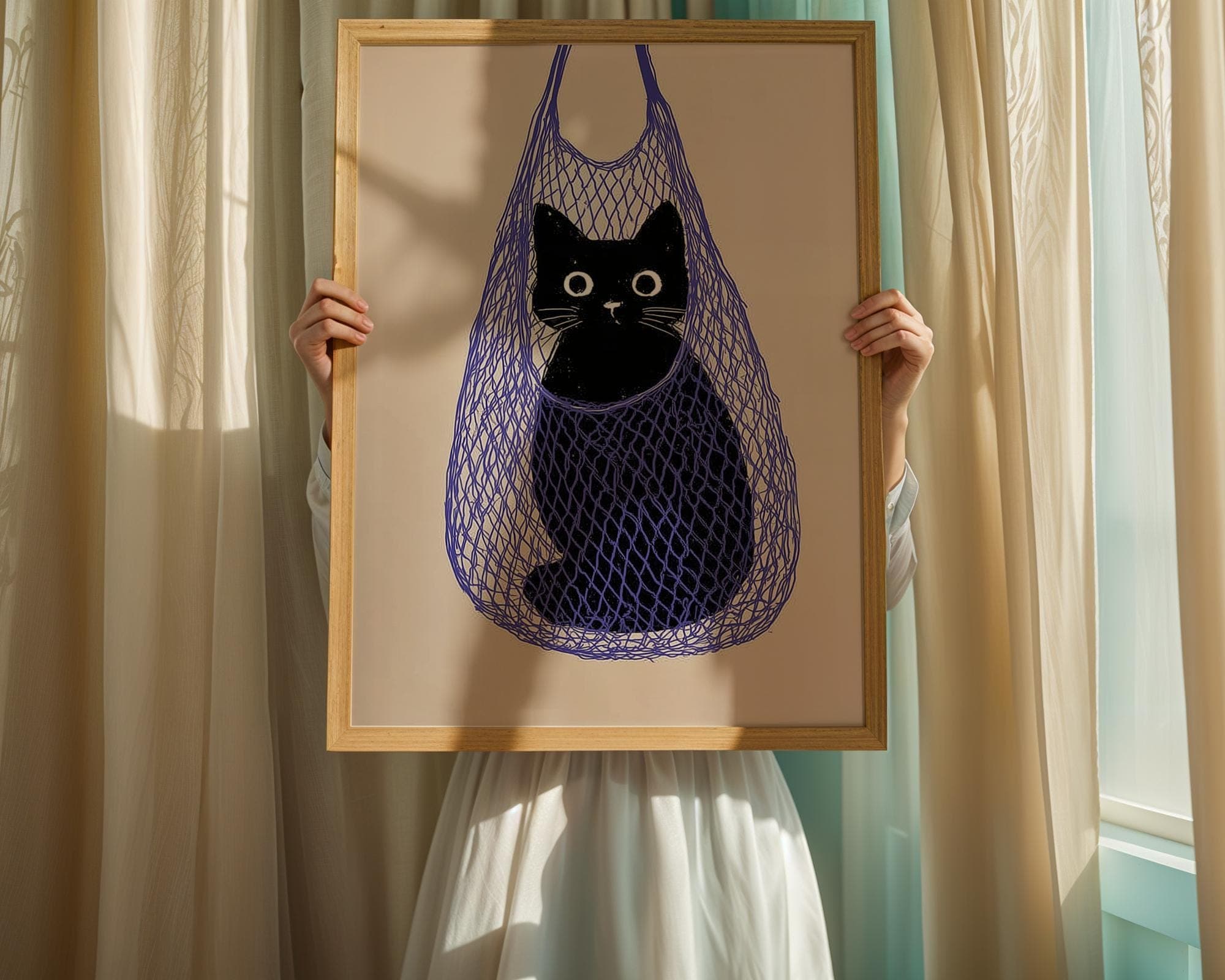 Funny Cat Wall Print, Quirky Cat Lover Gift, Whimsical Black Cat Wall Art, Black Cat in Bag Minimal Wall Art, Animal Art, Quirky Cat Decor - view 5