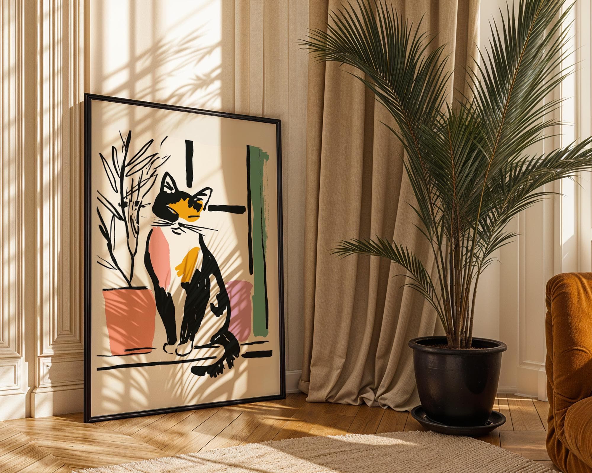 Calico Kitty in Window Art Print, Modern Calico Cat Poster, Line Art Cat Print, Colorful Cat Line Art, Minimal Boho Cat Wall Art, Cat Poster - view 2