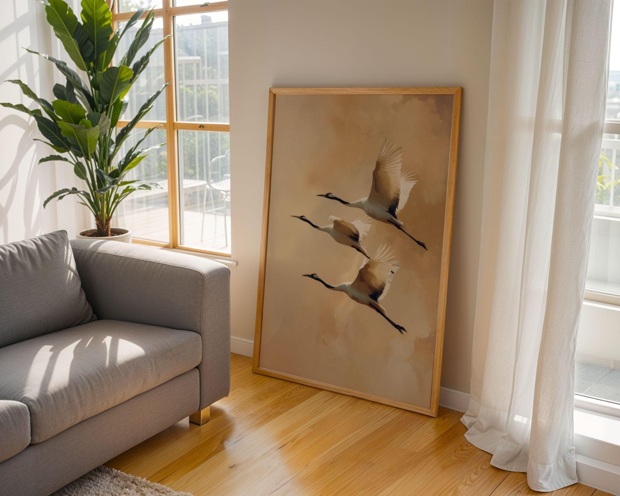 Flying Cranes Wall Art, Japandi Wall Art, Crane Bird Wall Art, Modern Nature Decor, Wabi Sabi Art, Wildlife Bird Wall Art, Zen Nature Decor - view 2