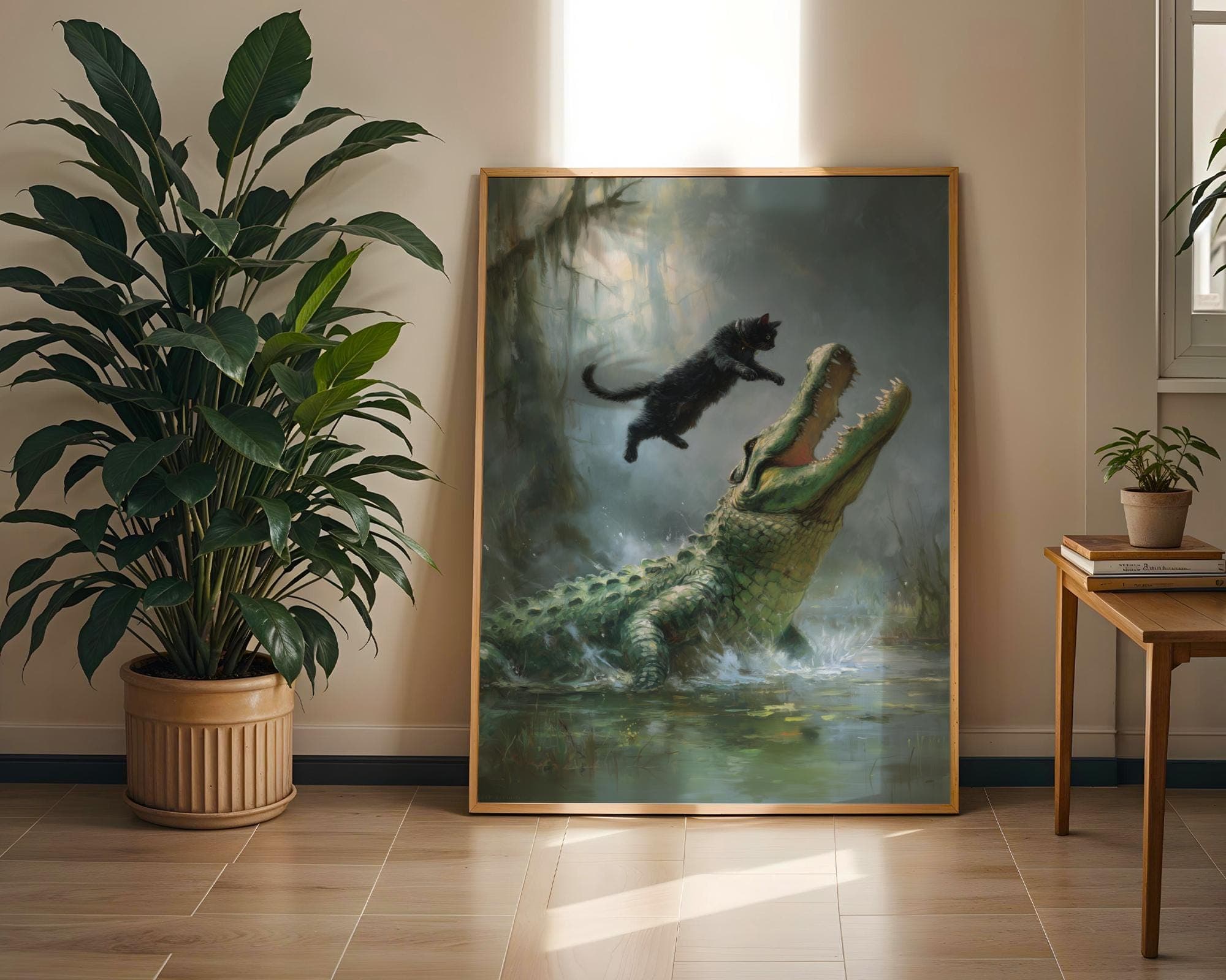 Fearless Cat vs Alligator – Fantasy Wildlife Wall Art, Heroic Cat Scene, Funny Black Cat Decor, Dramatic Digital Oil Style Wildlife Painting - view 2