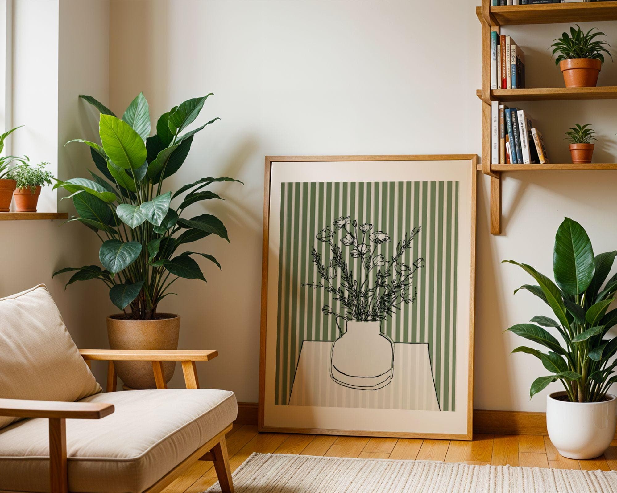 Minimal Botanical Line Art, Scandinavian Wall Decor, Minimal Flower Vase Print, Abstract Floral Line Art, Green Aesthetic Wall Art, Digital - view 6