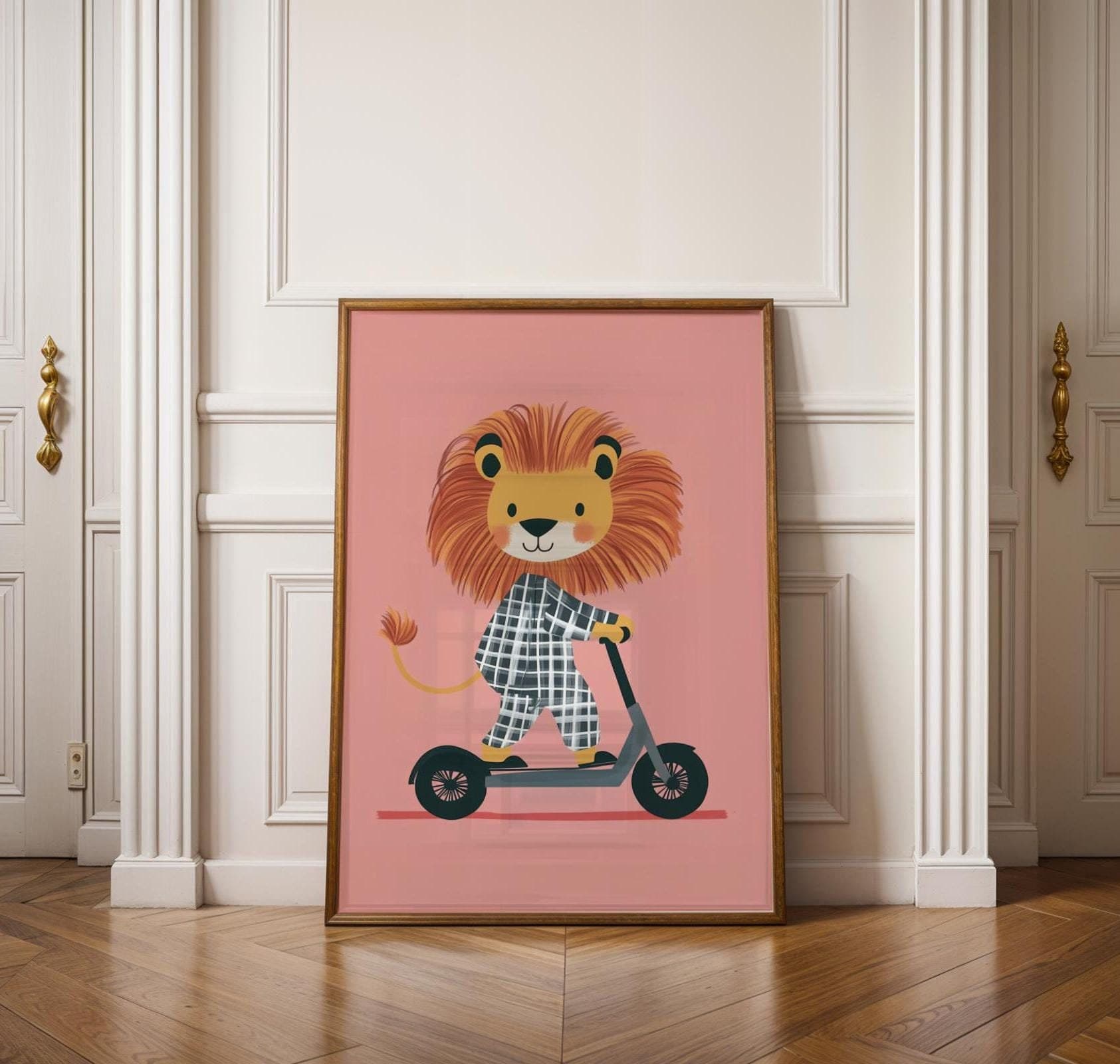 Lion on a Scooter Print, Eclectic Nursery Wall Art, Pink Playroom Boy's Room Prints, Printable Wall Art, Nurserywall Art Playful nursery art