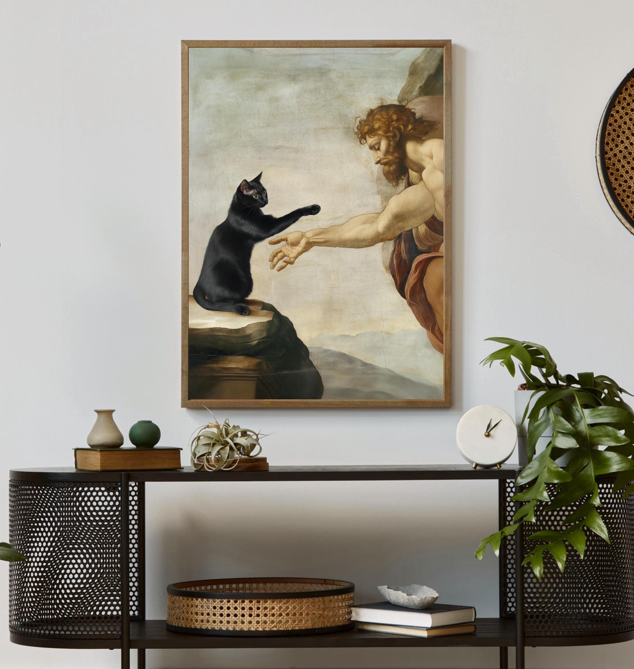 Creation of Adam with Black Cat – Classical Art Parody Poster, Funny Black Cat in Creation of Adam – Art Print, Black Cat Classic Poster - view 3