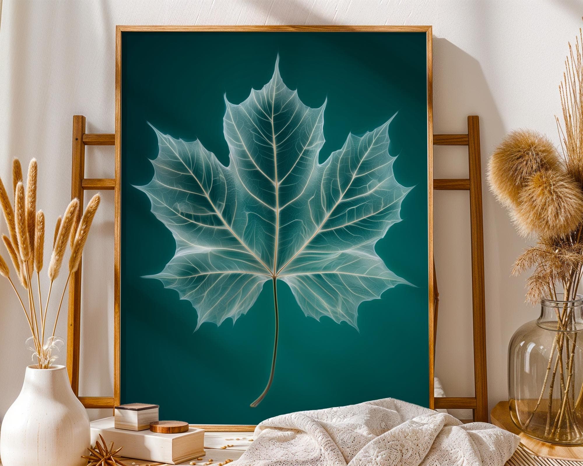 X-Ray Maple Leaf Wall Art Print, Botanical Minimalist Nature Decor, Modern Botanical Poster, Teal Maple Leaf Art, Nature Lover Wall Decor - view 4