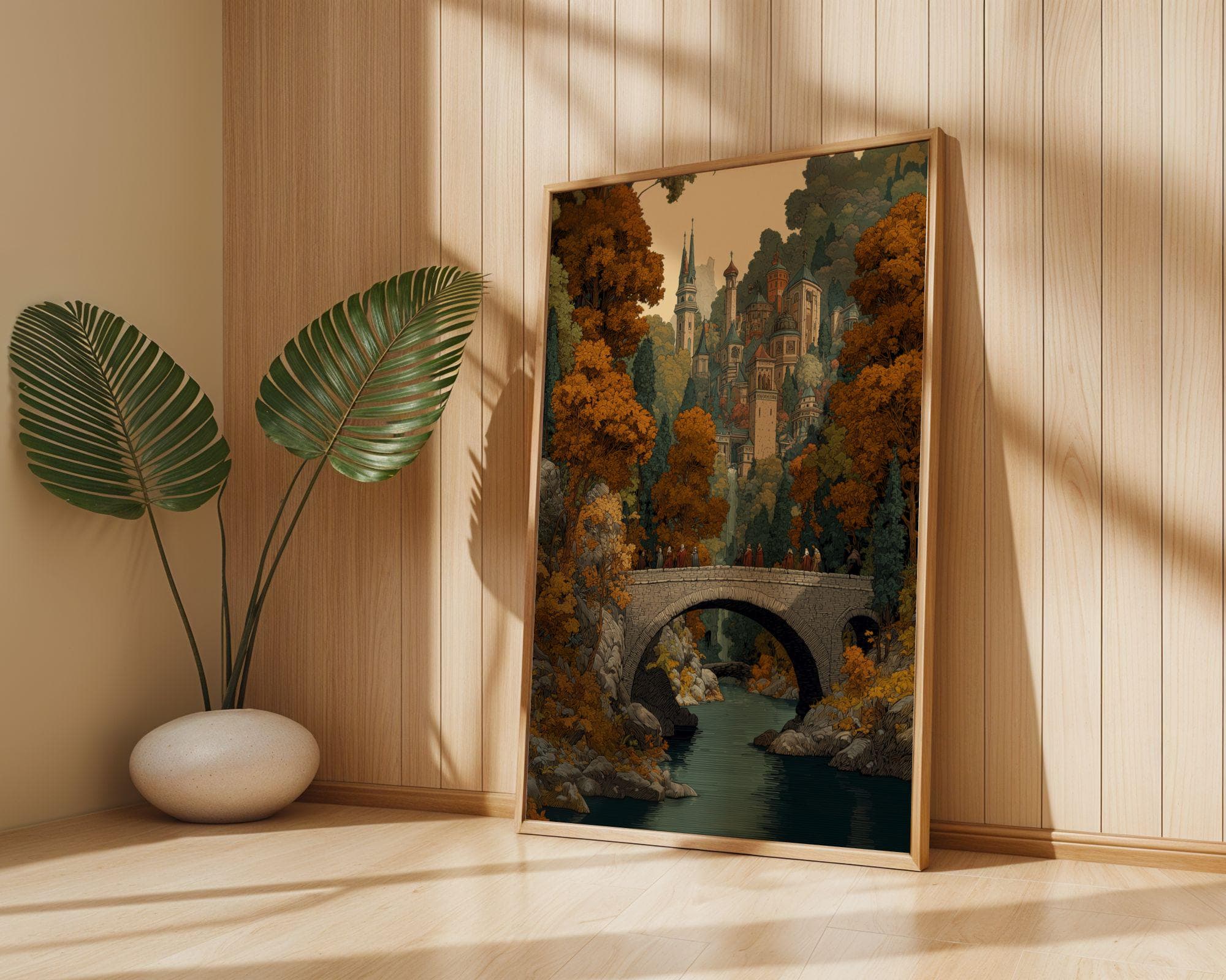 Autumn Medieval Village Landscape Print, Enchanted Bridge Poster, Fantasy Elven Landscape Art Print, High Fantasy Cityscape Poster - view 2
