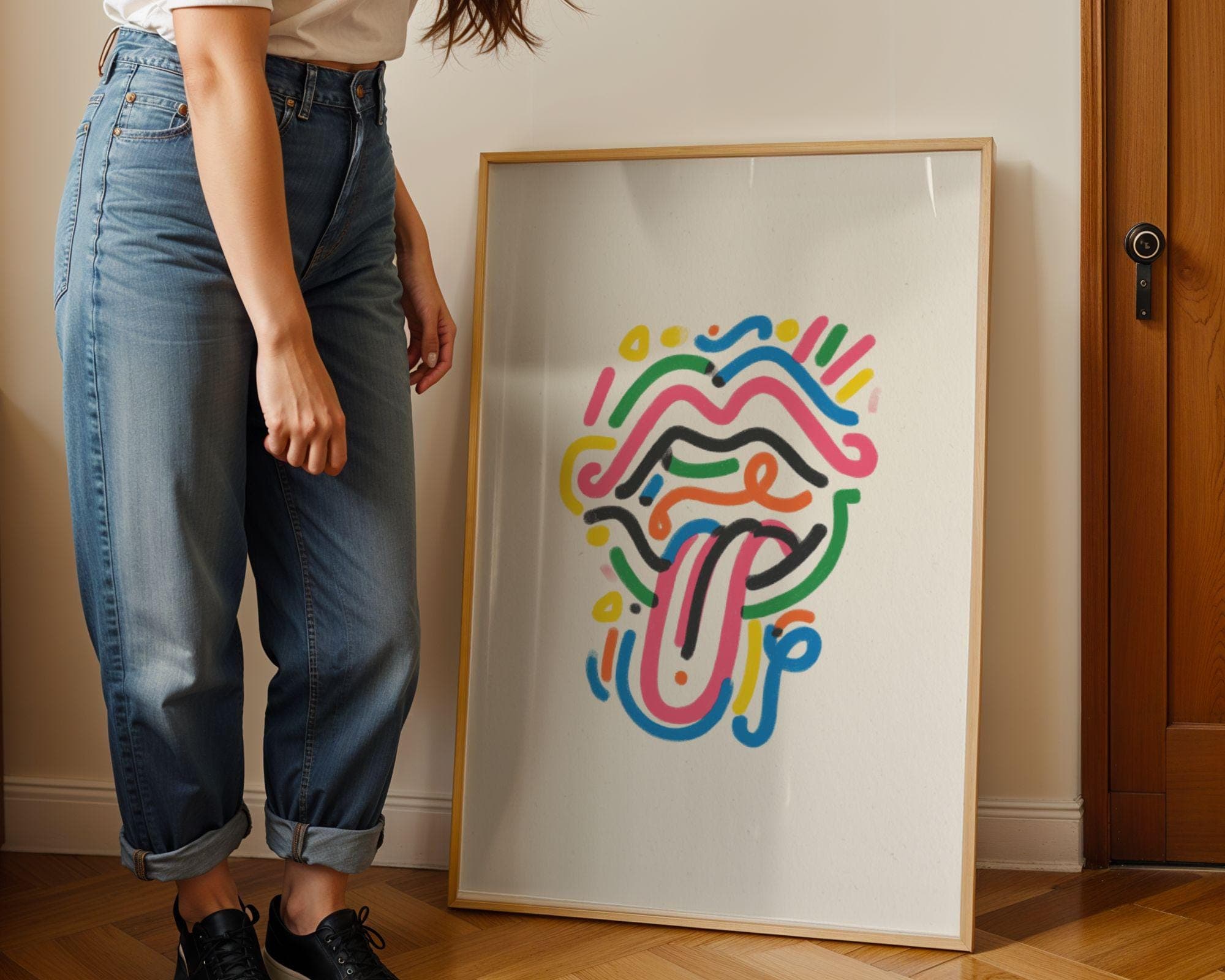 Pop Art Lips and Tongue Wall Art, Modern Minimal Pop Art, Neon Line Art Lips Poster, Funky Lips Art, Abstract Tongue Art, Modern Pop Art - view 4