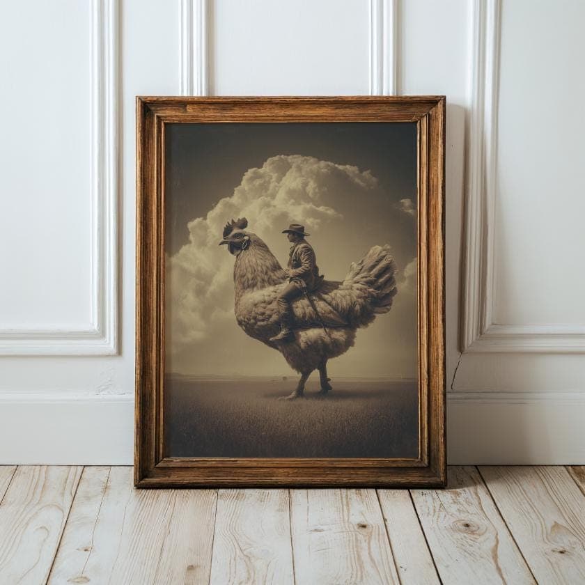 Surreal Western Fantasy Animal Print, Retro Sepia Western Animal Art, Whimsical Chicken Rider Wall Print, Cowboy Fantasy Art, Western Print