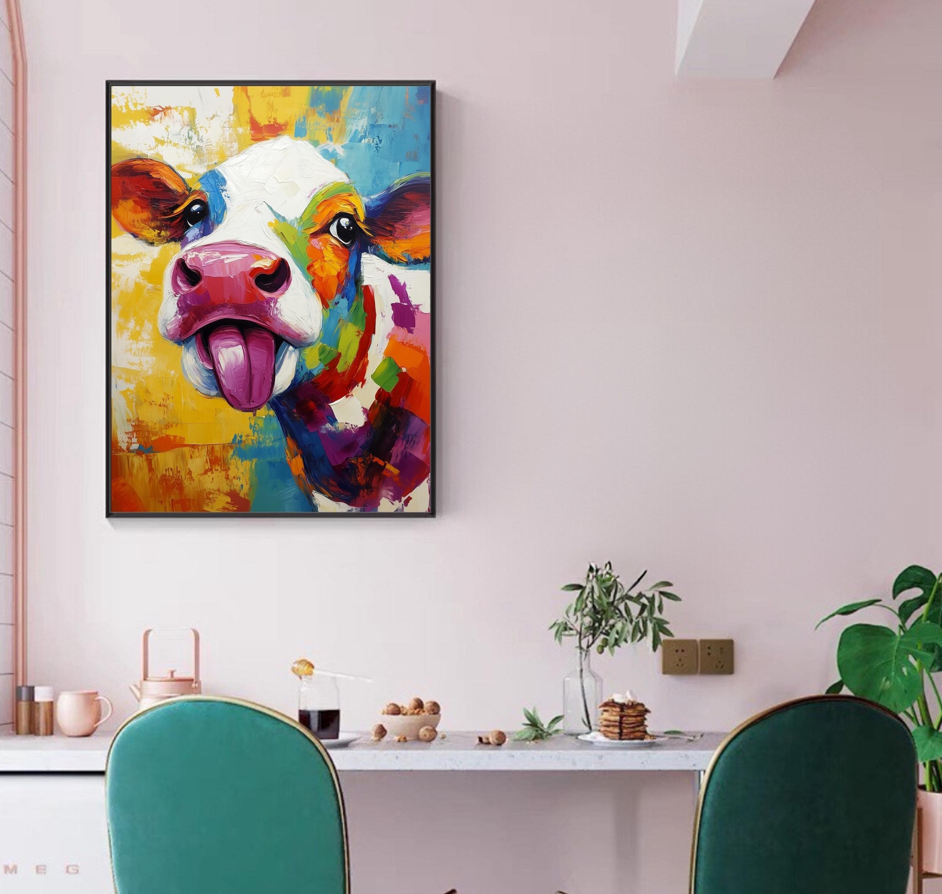 Colorful Bull Painting, Playful Bull with Tongue Out, Abstract Bull Painting, Colorful Pop Art Cow, Digital Bull Wall Art, Colorful Pop Art - view 3