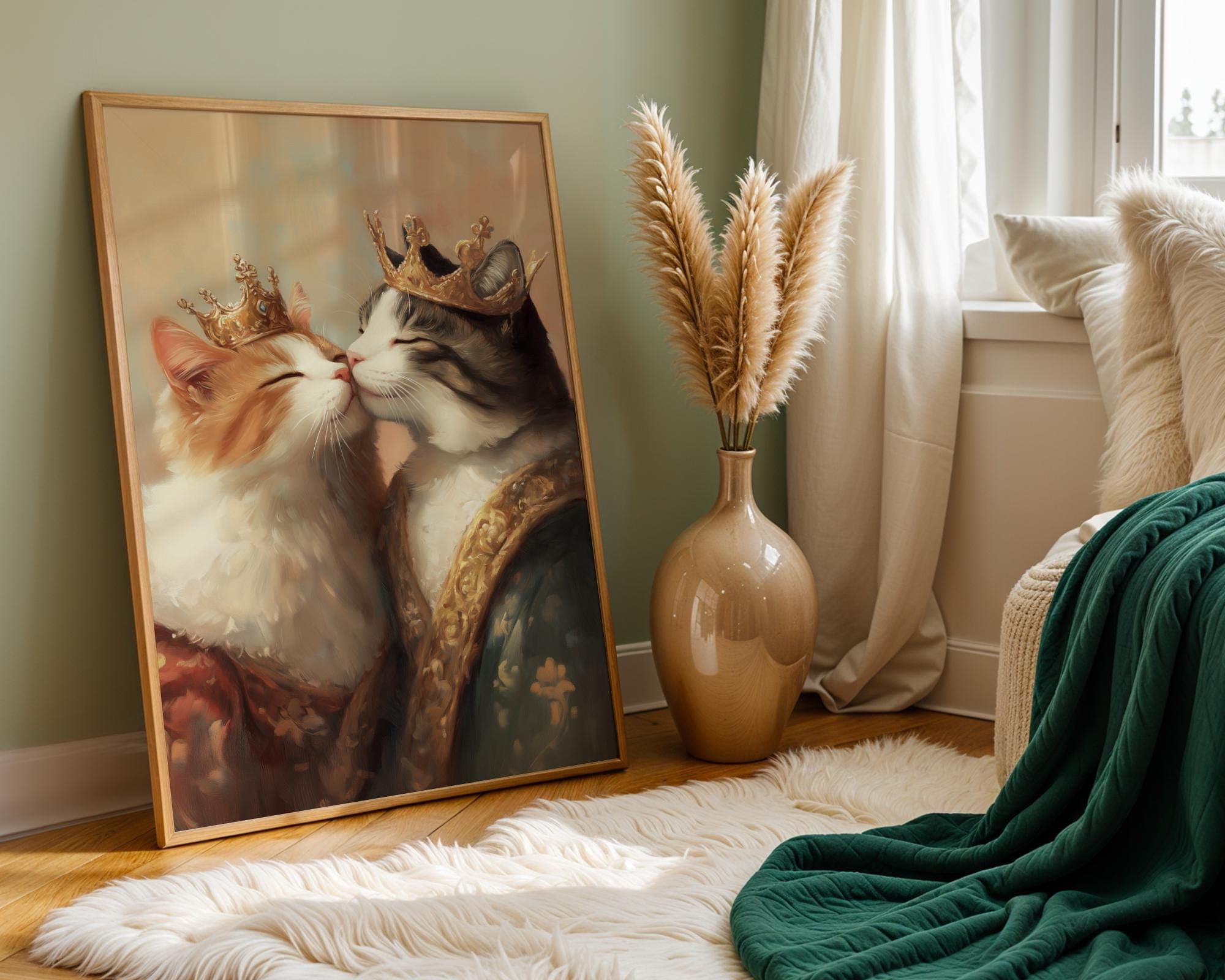 Royal Cat Couple Wall Art, Cat Couple Painting, Quirky Cat Poster, Regal Cats Painting, Whimsical Couple Decor, Fantasy Art, Cat Print - view 3