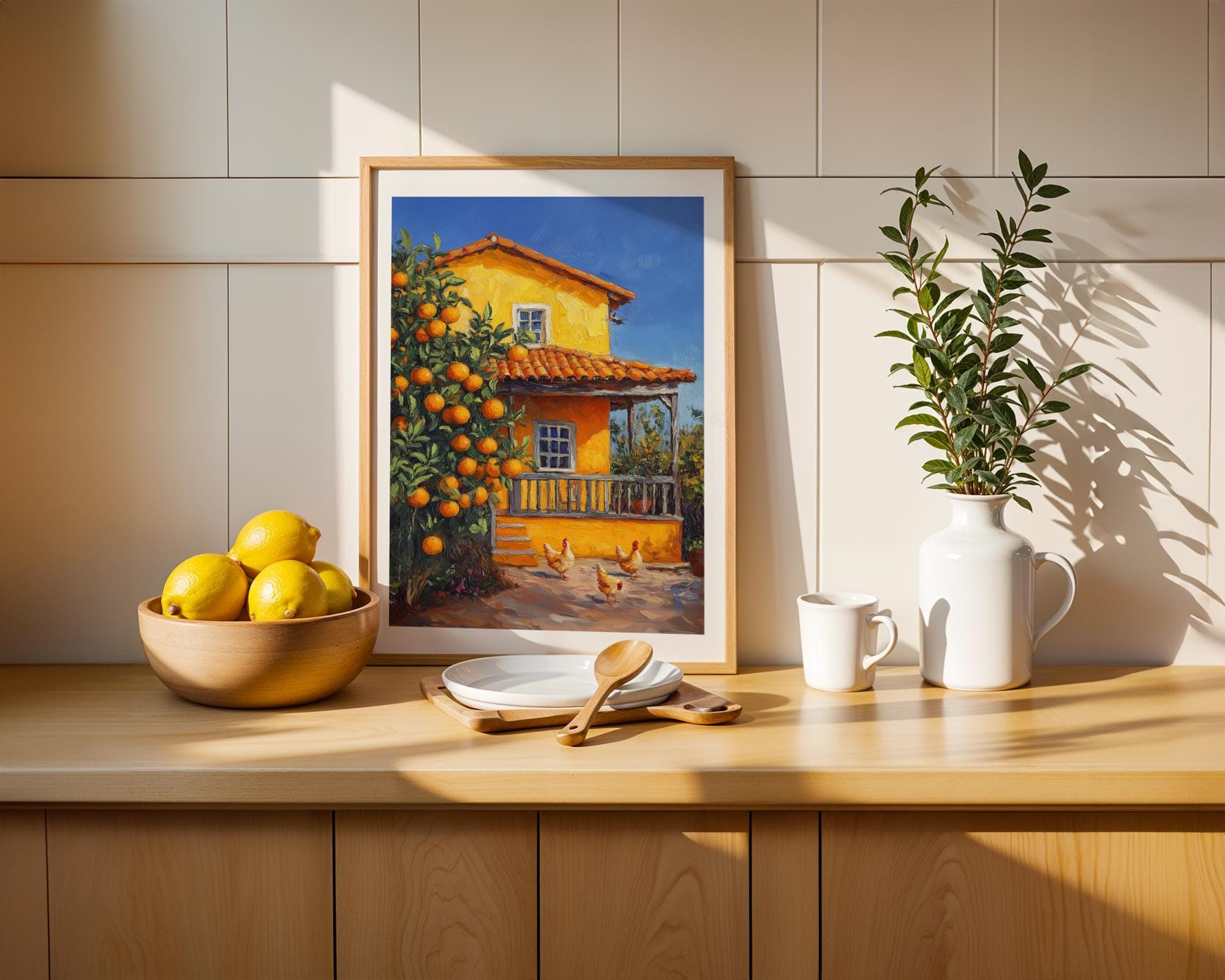 Orange Tree Farmhouse Wall Art, Colorful Country House Print, Farm Kitchen Wall Art, Vintage Farm Wall Decor, Orange Tree and Roosters Art - view 5