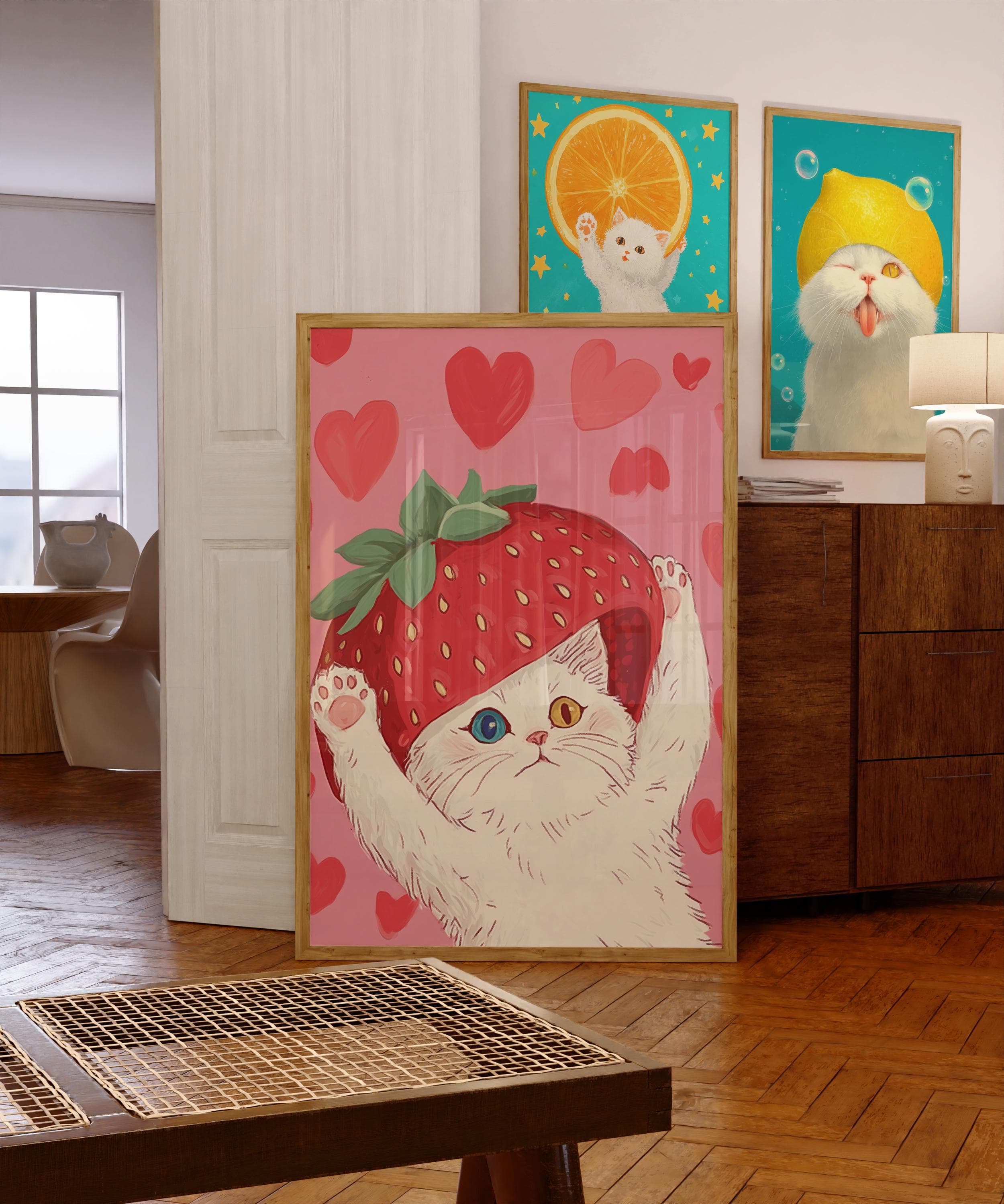 Pink Kawaii Wall Art, Strawberry Cat Wall Art, Art Digital Download, Pink Nursery Decor, Preppy Cat Wall Decor, Pink Aesthetic Wall Print