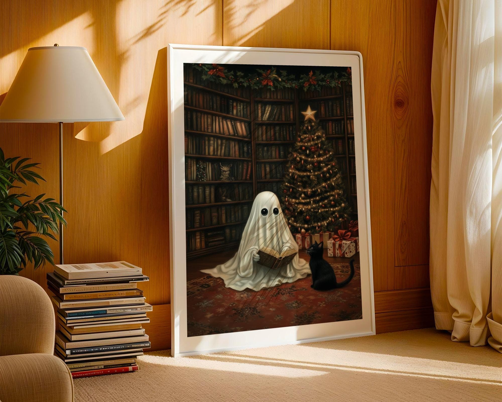 Ghost and Black Cat Wall Art, Vintage Halloween Wall Art, Spooky Christmas Decor, Whimsical Holiday Wall Art, Haunted Christmas Decor - view 3