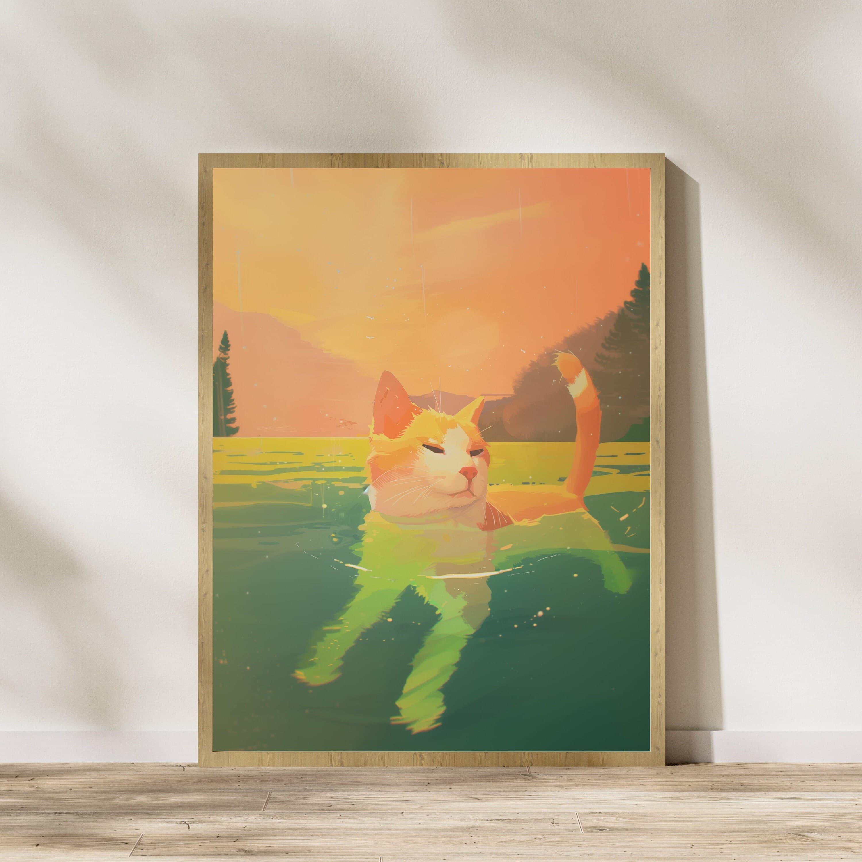 Ginger Cat Swimming Poster, Colorful Cat Wall Art, Unique Animal Art for Cat Lovers, International Cat Day, Cute Cat Art, Ginger Cat Poster