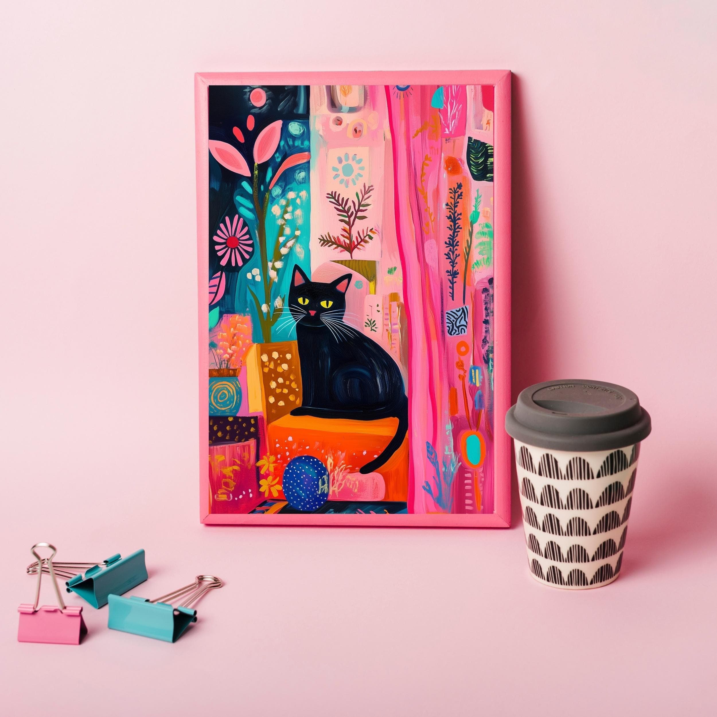 Black Cat with Bright Florals Poster,  Pink and Teal Art Print, Colorful Black Cat Art, Preppy Room Decor, Abstract Black Cat Poster - view 5