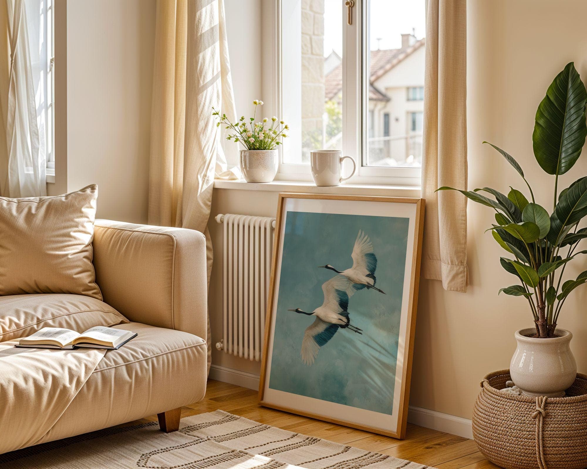 Japandi Crane Wall Art, Wabi-Sabi Decor | Twin Cranes in Flight, Calm Blues Print, Japandi Home Decor, Calming Wall Art, Digital Download - view 4
