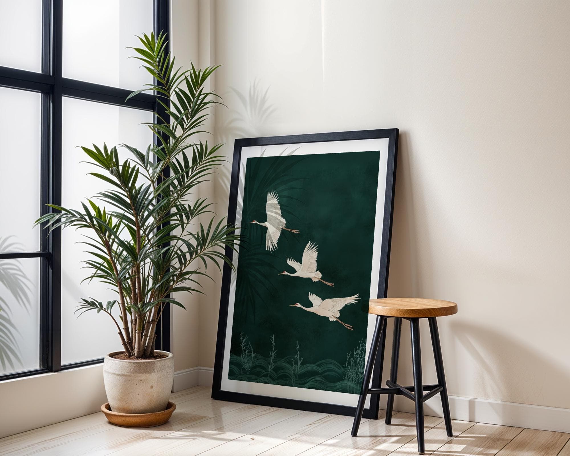 Japanese Cranes in Flight on Emerald Green, Japandi Digital Download, Emerald Art, Japandi Decor, Boho Bird Art, Wabi Sabi Wall Art - view 7