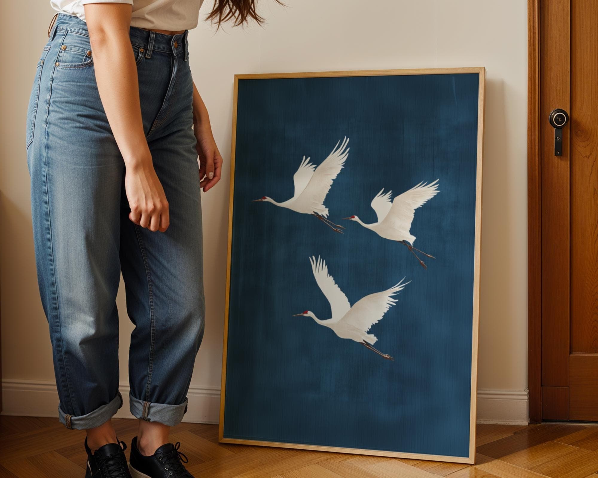 Flying Cranes on Deep Blue Background, Japandi Digital Download, Japandi Decor, Boho Bird Art, Japanese Crane Wall Art, Wabi Sabi Wall Art - view 7
