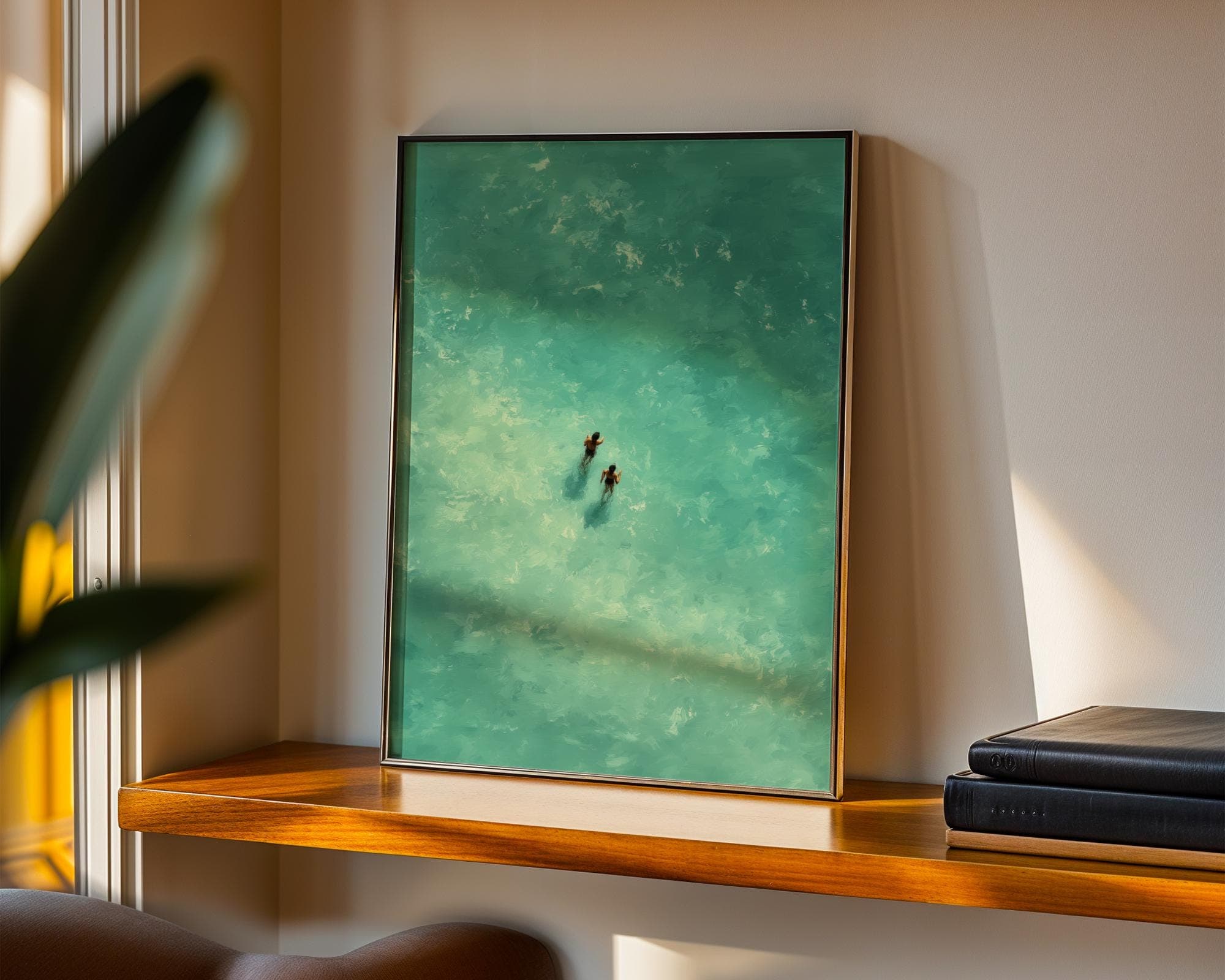 Turquoise Sea Walk Art Print – Minimalist Summer Ocean Wall Art, Aerial Beach Art Print, Walking in Ocean Wall Art, Minimalist Sea Print - view 3