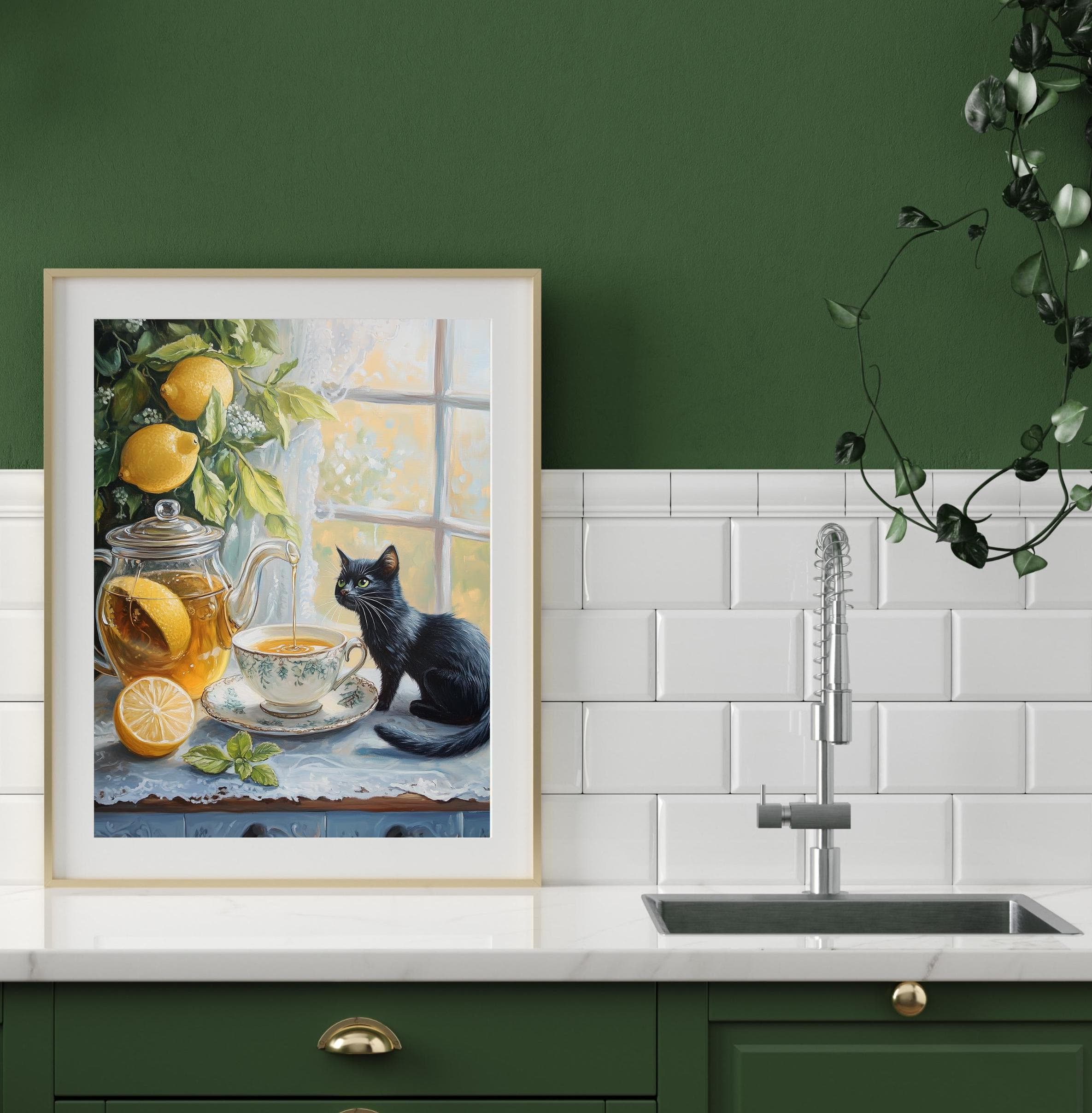 Black cat and lemon still life painting, Whimsical still life painting, Cozy kitchen art, Kitchen wall print, Vintage teacup painting - view 6