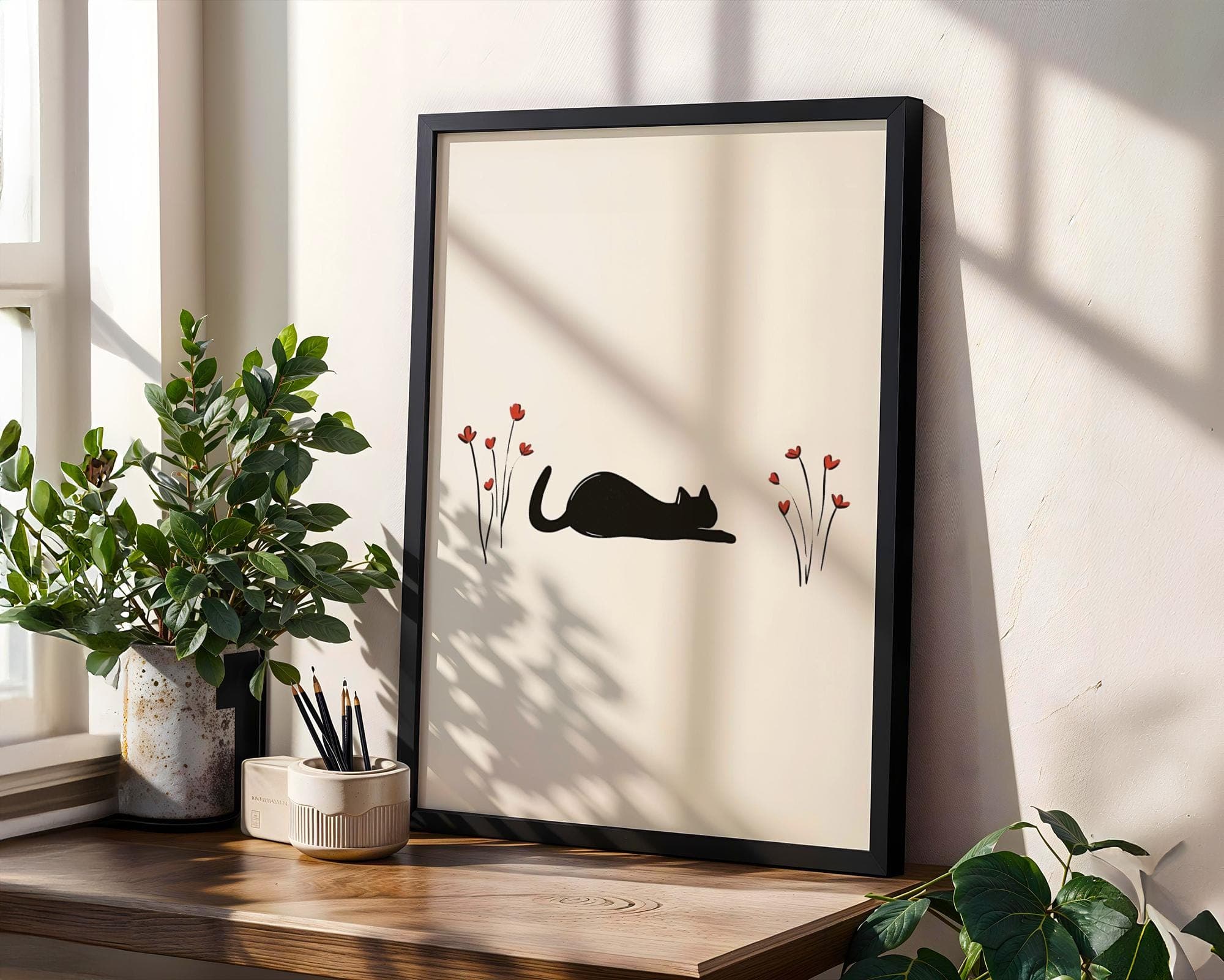 Minimalist Black Cat Wall Art, Minimal Line Cat Drawing, Line Art Print, Zen Cat Wall Decor, Minimal Animal Wall Art, Neutral Wall Print - view 2