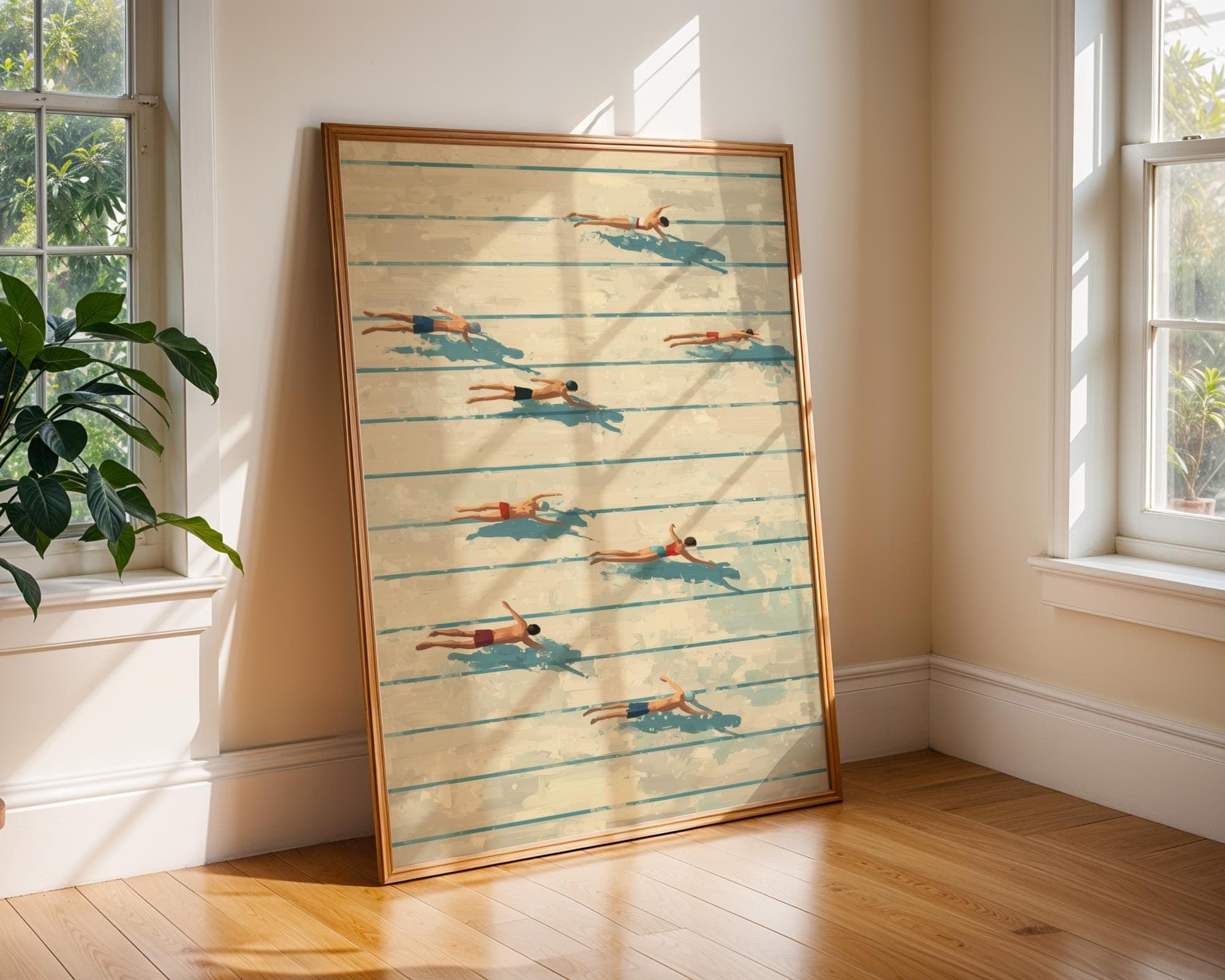 Swimming Pool Aerial Art – Minimalist Summer Swimmers Illustration Print, Retro Pool Swimmers Print, Digital Download, Aerial Swim Wall Art - view 7