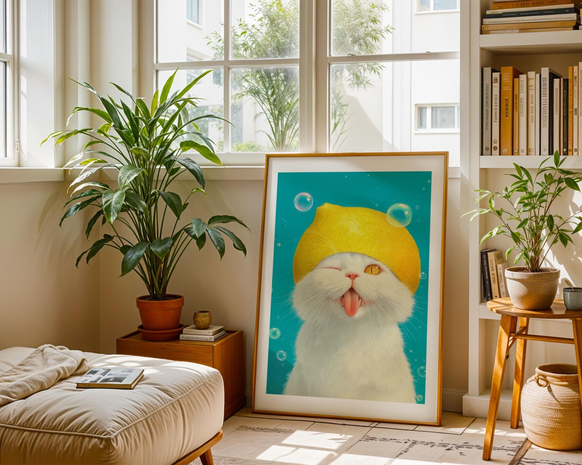Funny Lemon Hat White Cat Art Print, Whimsical Animal Wall Art, Cute Playful Kitten Wall Art, Art Digital Download, Kawaii Cute Animal Art - view 6