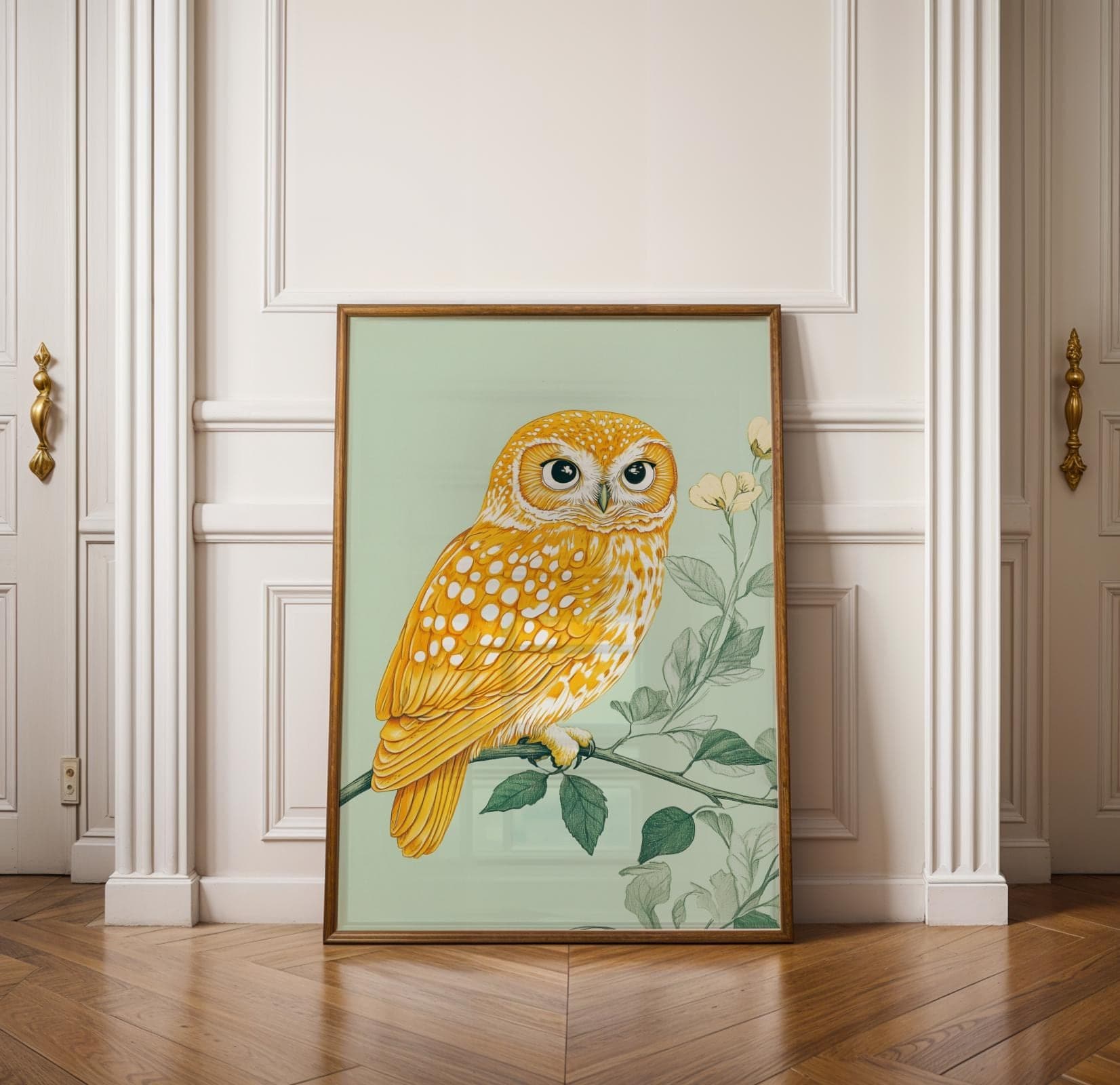 Golden Owl Botanical Art Print: Vintage Boho Wall Decor (Digital Download)