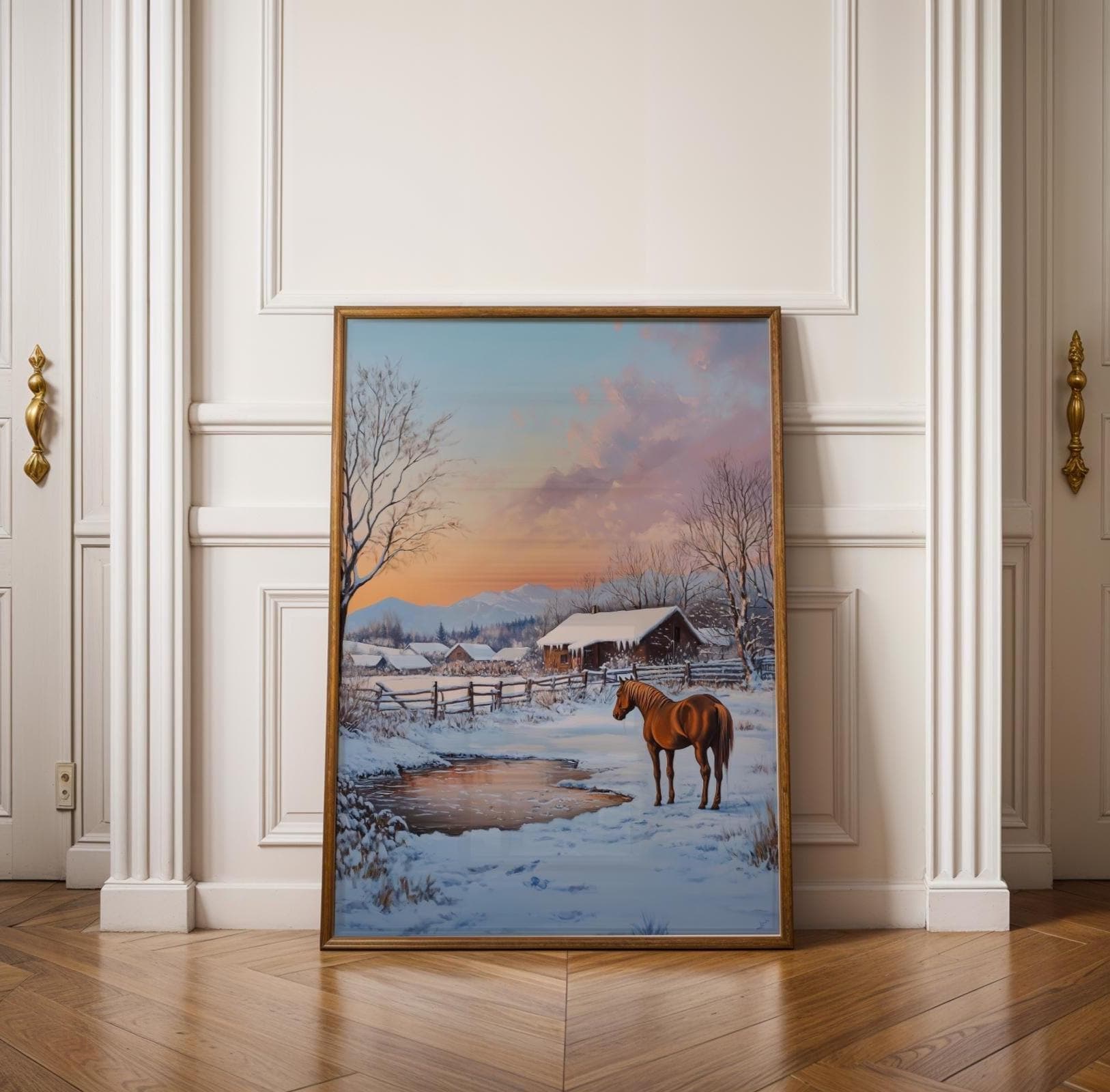 Winter Horse Wall Art, Snowy Farmhouse Landscape Print, Rustic Farm Winter Art, Horse Barn Landscape Painting, Digital Download, Horse Art