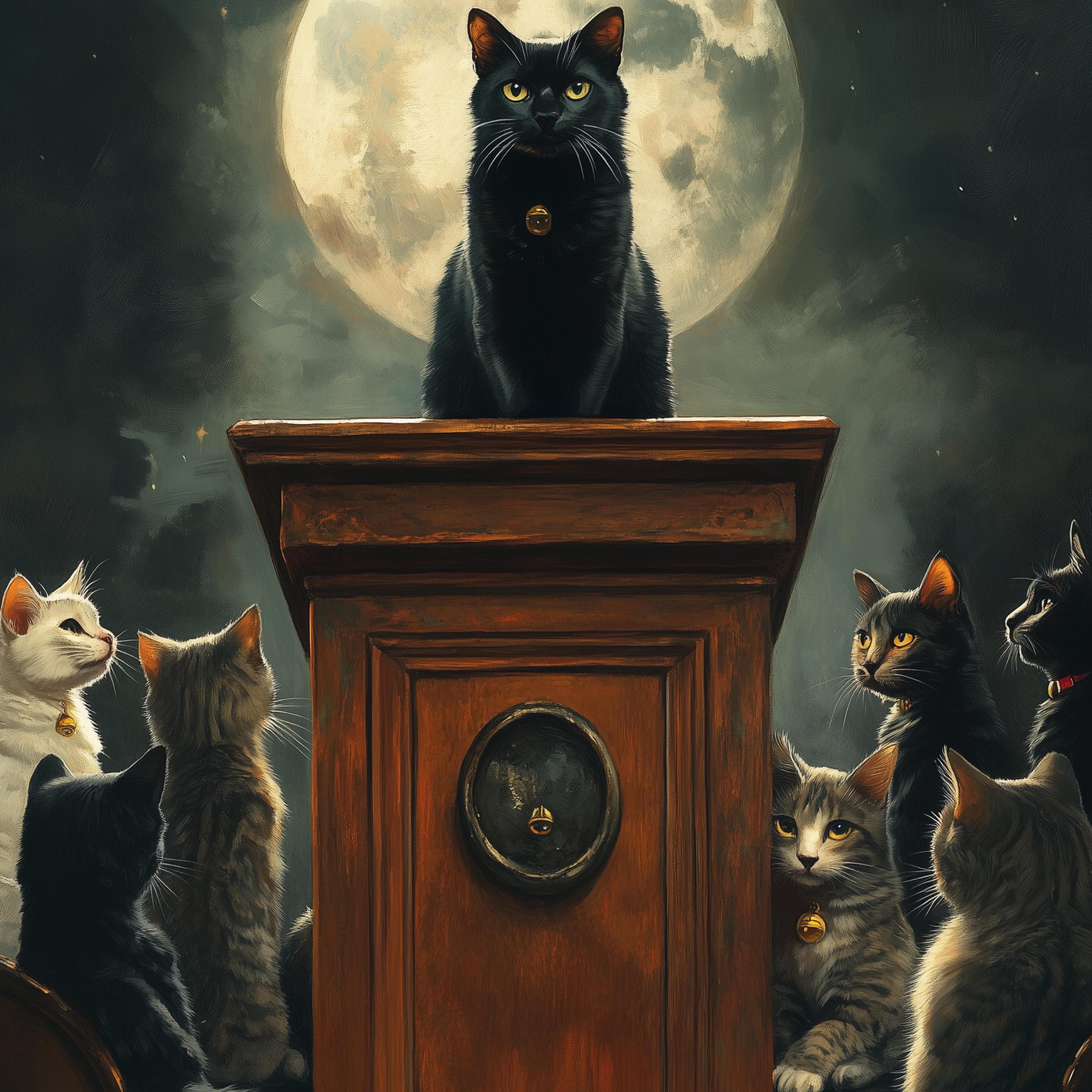 Full Moon Cat Illustration, Whimsical Cat Gathering Art, Black Cat and Moon Poster, Black Cat Leader Poster, Mysterious Black Cat Poster - view 2