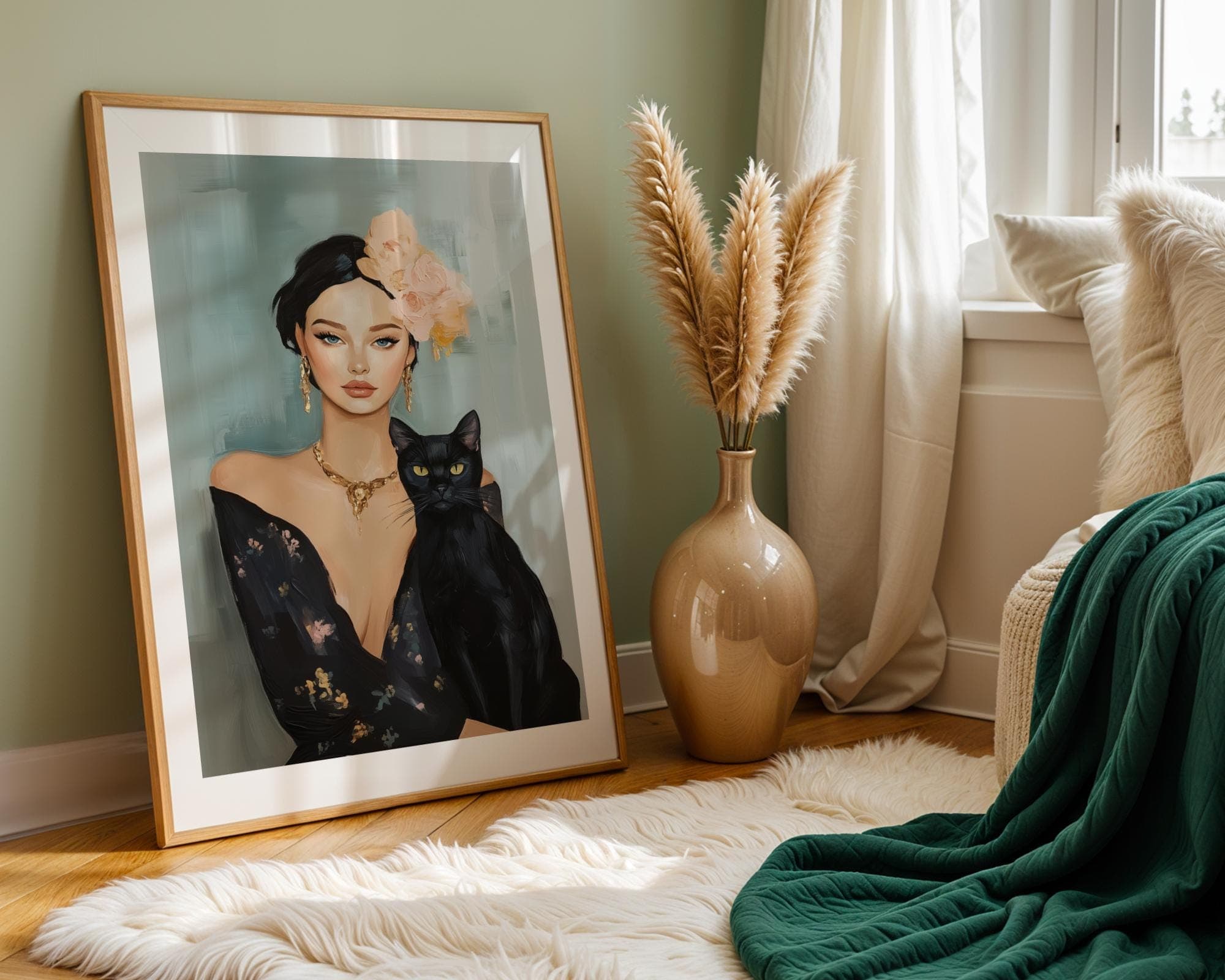 Chic Woman and Cat Portrait - Artistic Feminine Digital Painting, Vintage Aesthetic Woman and Cat Art, Earthy Tones Digital Painting Poster - view 3