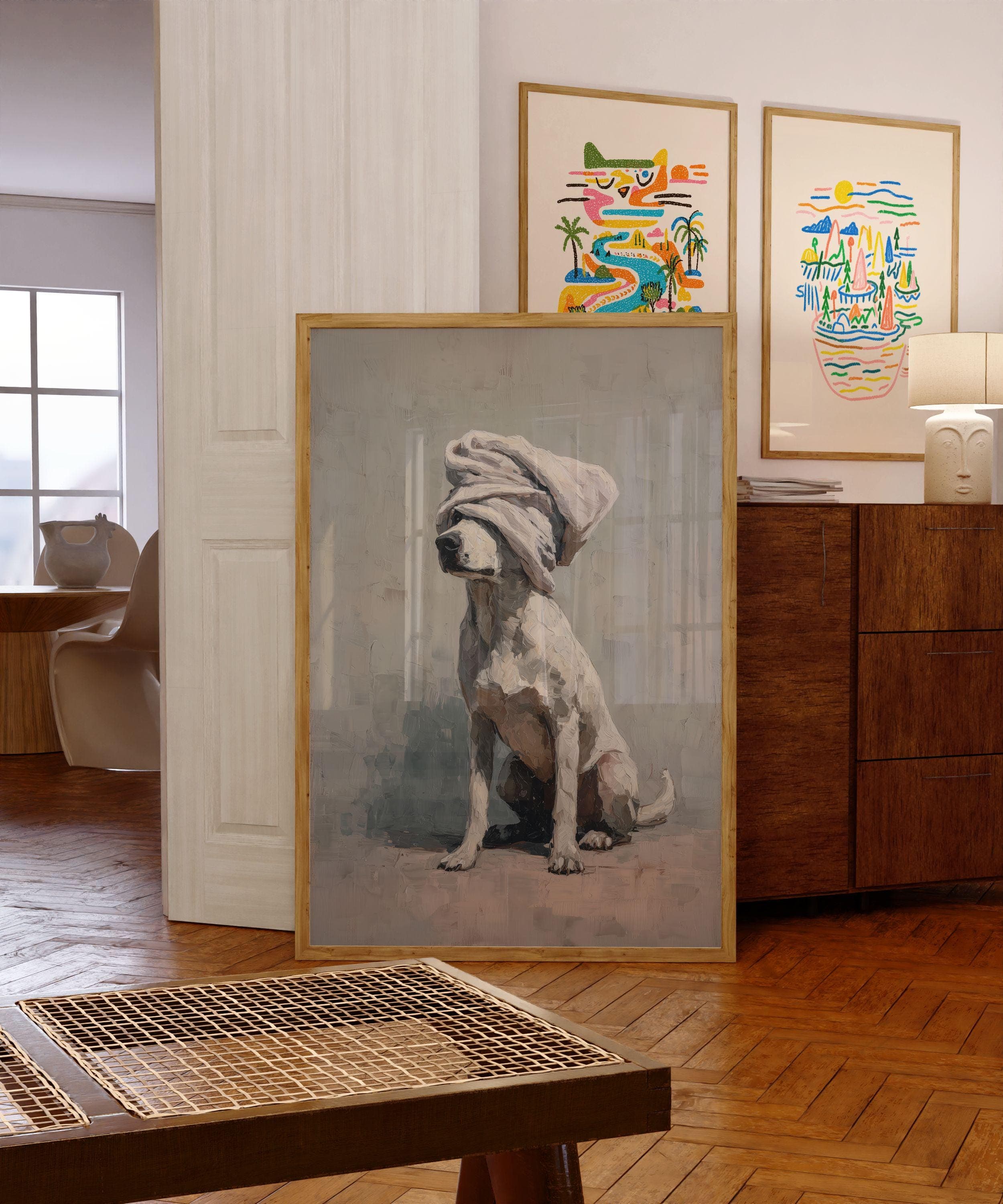 Cute Dog With Towel Wall Art, Funny Bathroom Dog Print, Neutral Dog Painting, Spa Decor Poster, Bathtub Wall Art, Whimsical Dog Wall Art