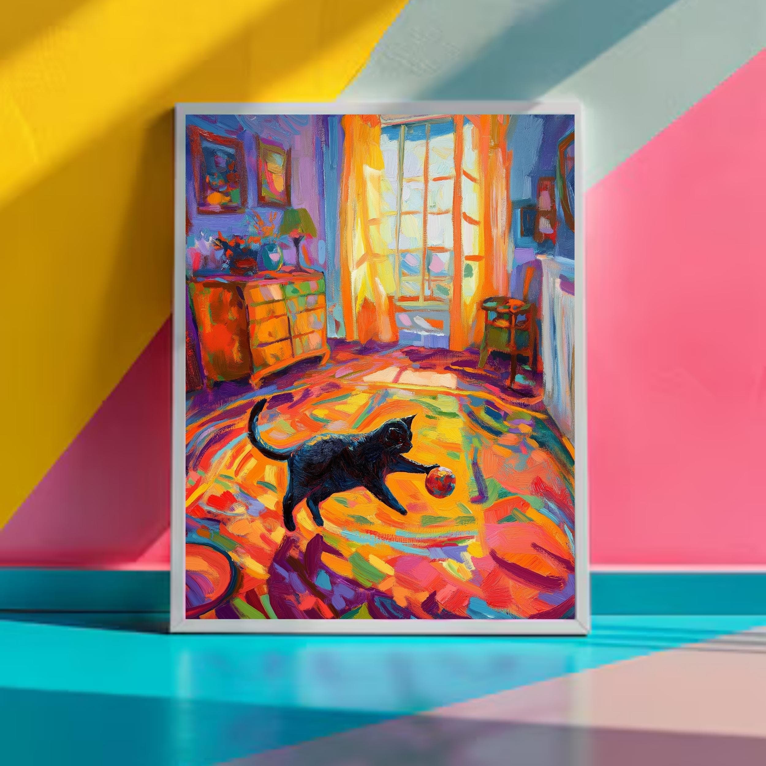 Whimsical Black Cat with Ball, Abstract Art Print, Colorful Painting, Trendy Cute Apartment Decor, Maximalist Black Cat Wall Art, Cat Poster - view 3