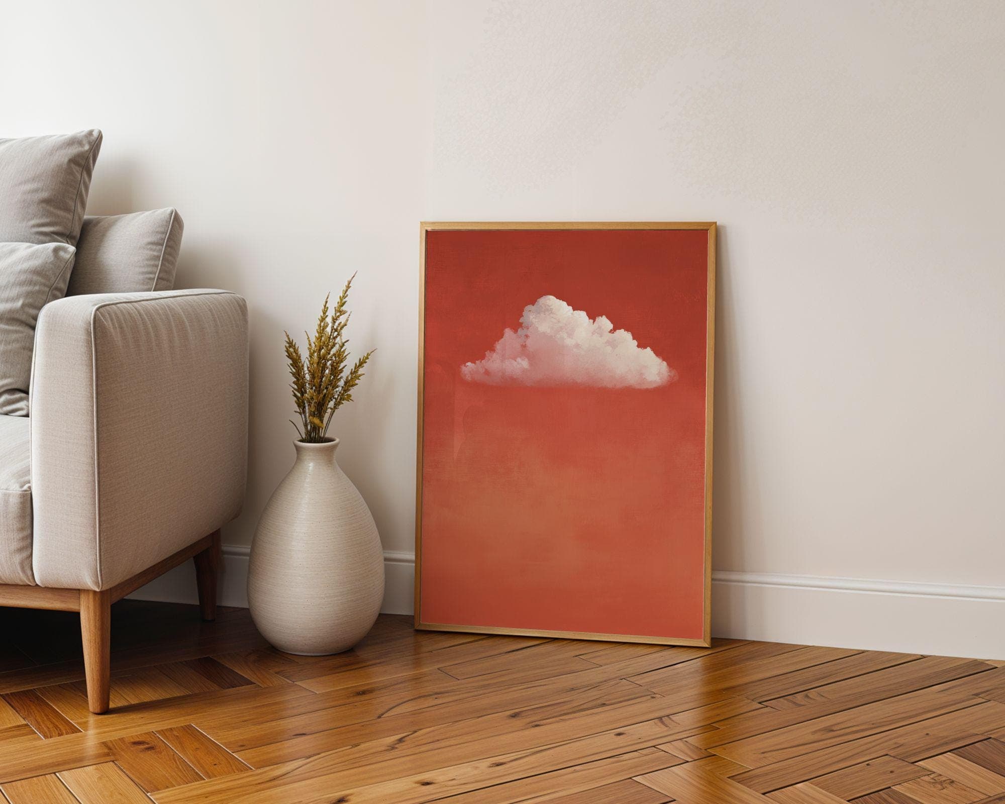 Pink Cloud on Coral – Minimal Wall Art, Scandinavian Wall Decor, Orange Wall Decor, Orange Prints, Soft Pink Cloud Poster, Digital Art