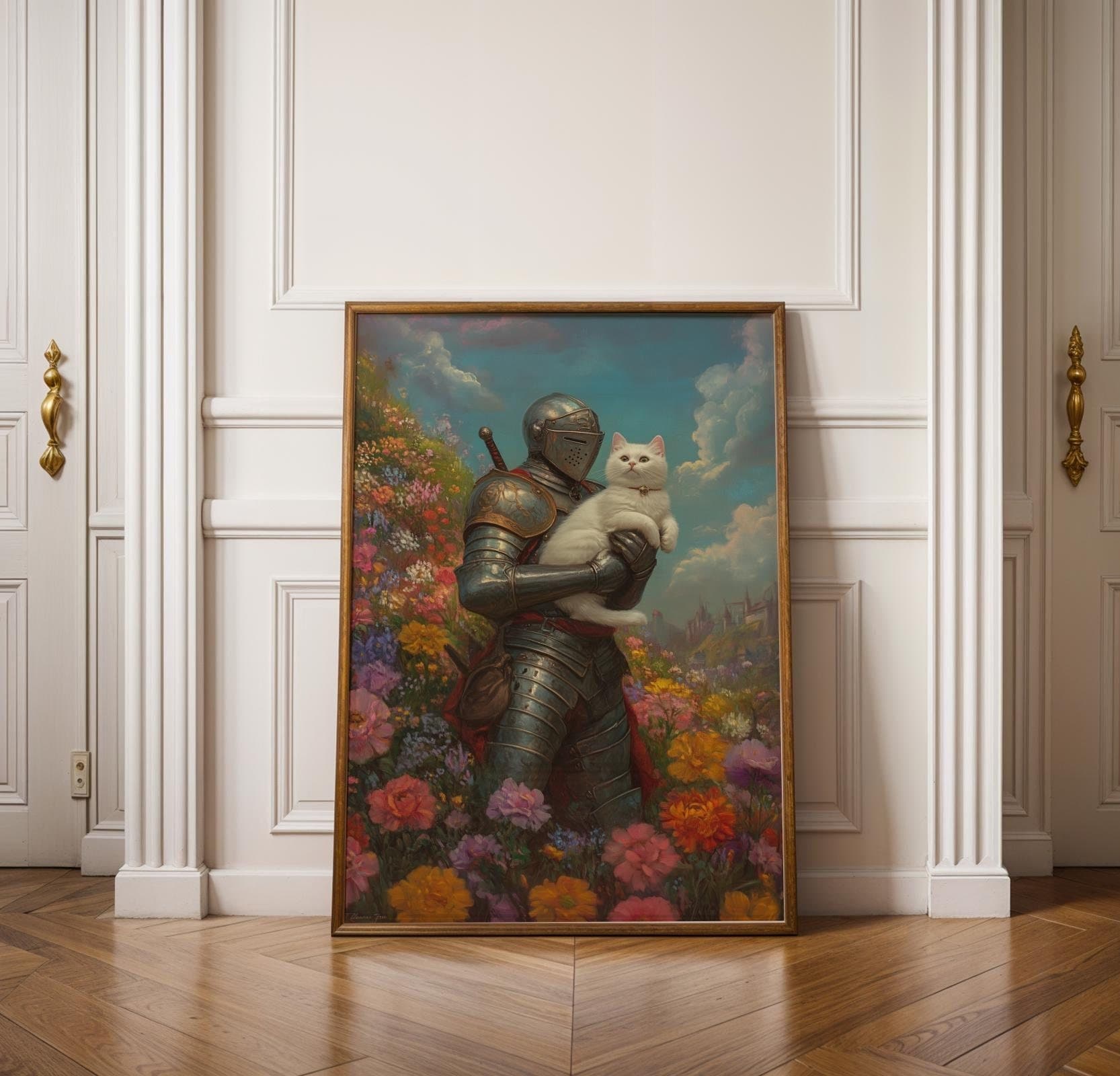 Medieval Knight and Cat Art, Whimsical Fantasy Wall Print - Romantic Renaissance Decor, antasy Cat Wall Art - Knight Aesthetic Poster
