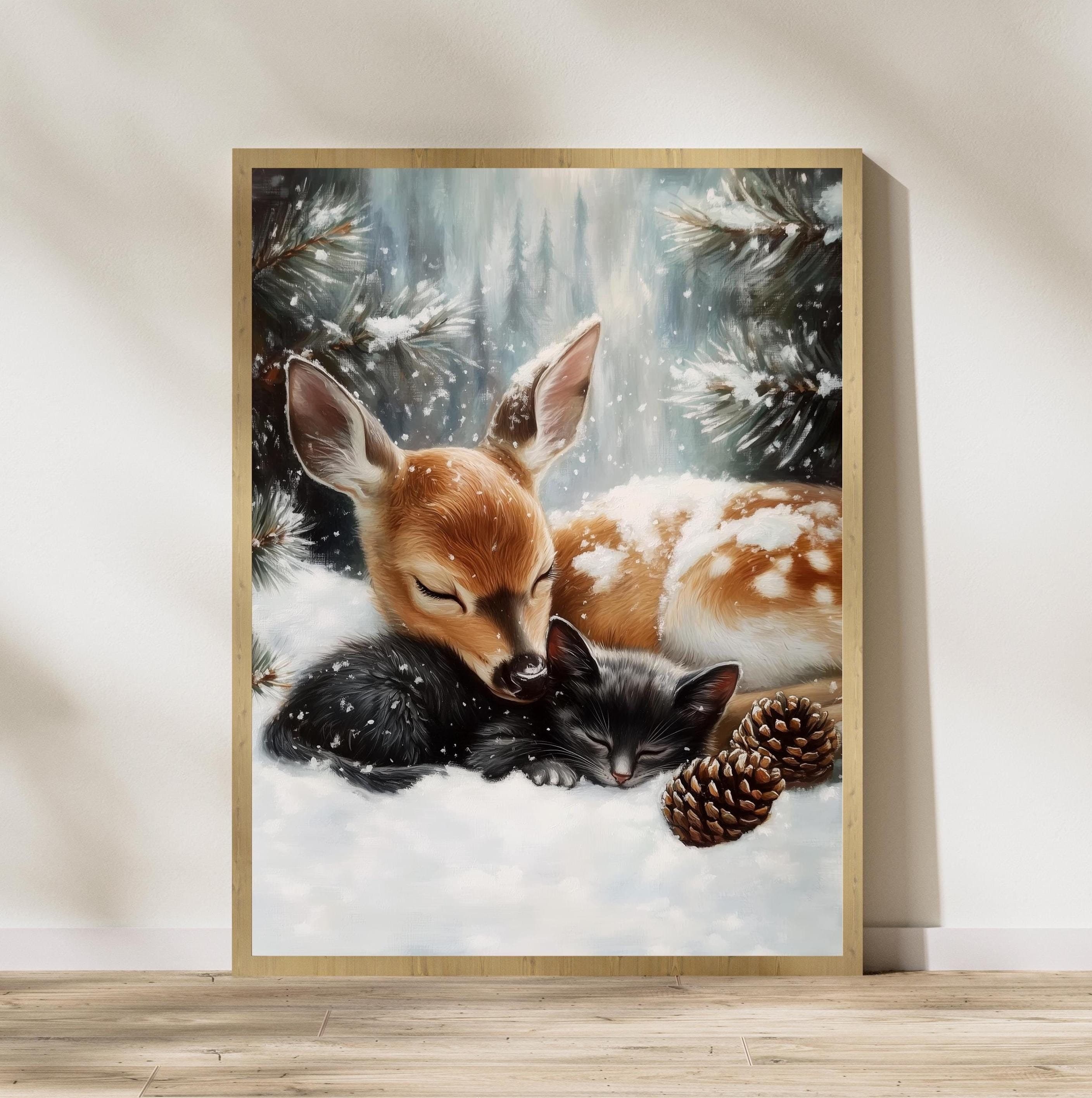 Fawn and Black Cat Christmas Poster, Baby Deer and Kitten Xmas Cat Wall Art, Winter Animal Wall Decor, Farmhouse Holiday Decor, Digital Art