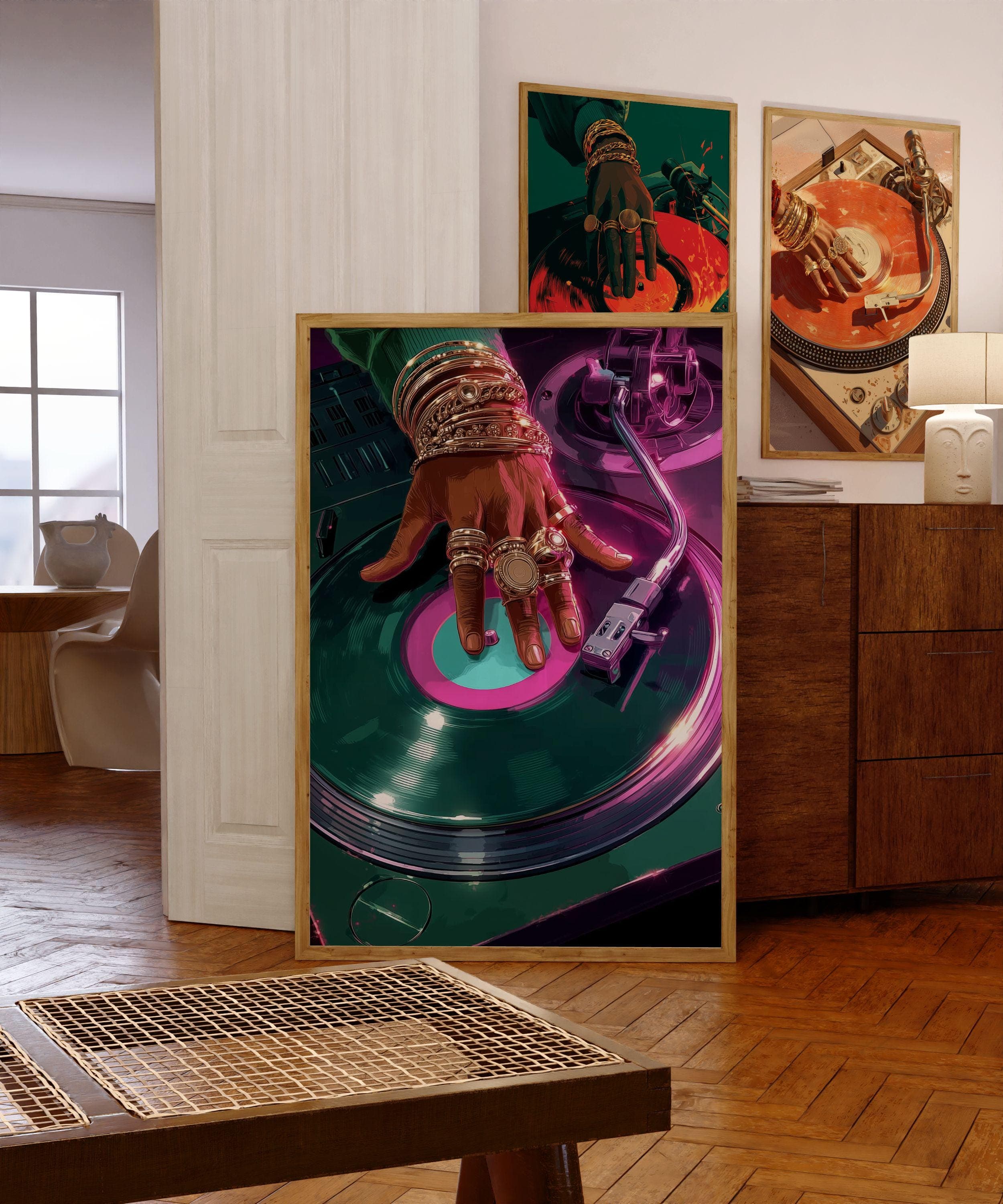 Retro Turntable Art – Pink and Green Vinyl Wall Print, Modern Retro Wall Print – Neon Turntable DJ Poster, Contemporary Vinyl Art