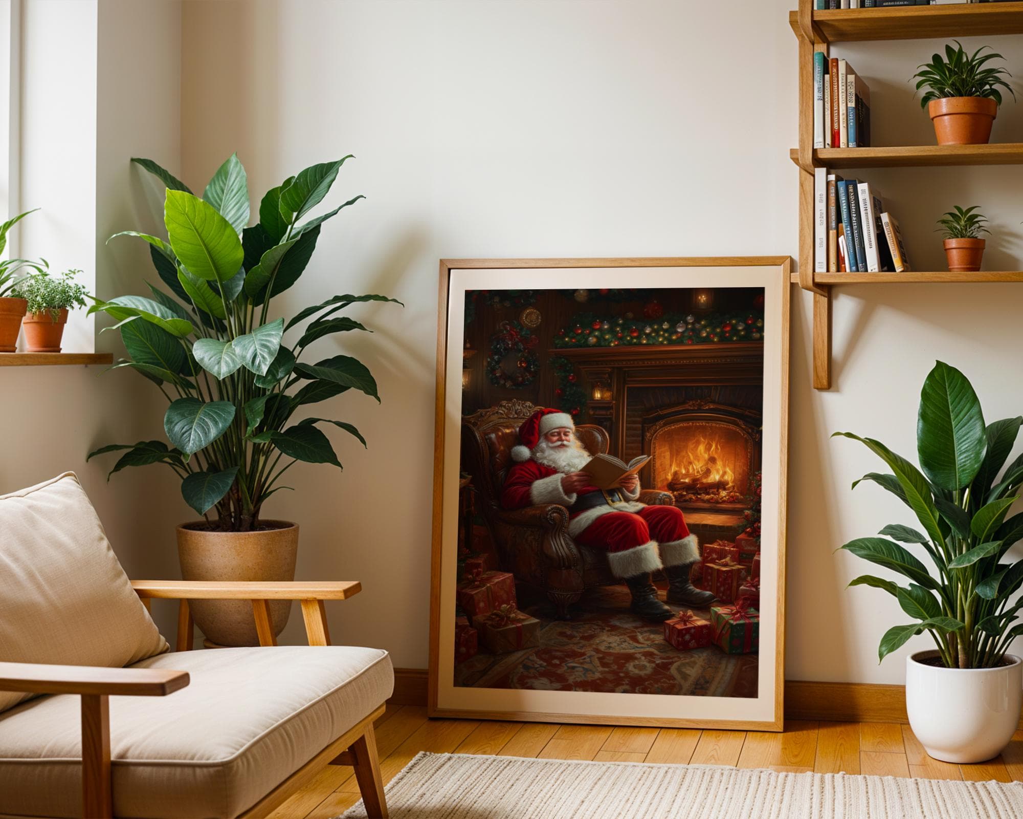 Santa Claus Reading in Cozy Living Room Print, Cozy Christmas Decor, Christmas Wall Art, Rustic Santa Christmas Print, Digital Download - view 5