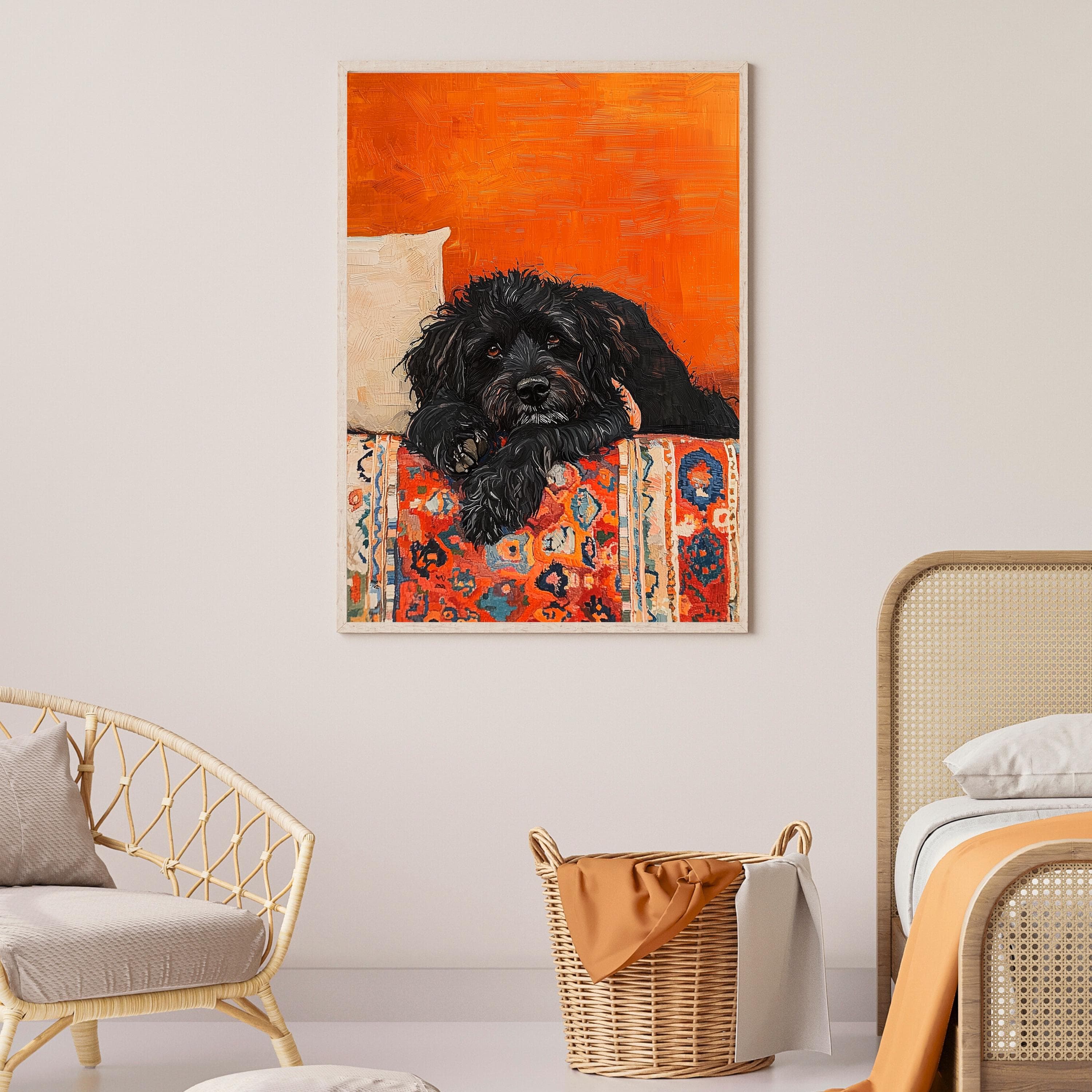 Black Dog Poster, Orange Painting Poster, Warm Orange Decor, Rustic Black Dog Painting, Maximalist Dog Art, Orange Wall Art, Orange Prints - view 2