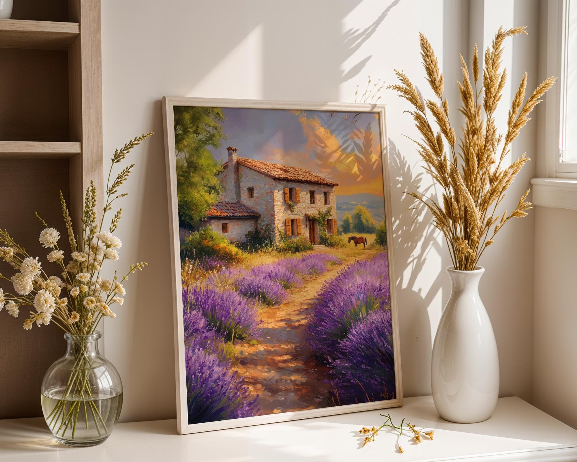 Lavender Farmhouse Wall Art, Rustic Provence Cottage Wall Decor, Stone Cottage Wall Art, Horse and Lavender Meadow Painting, Country Decor - view 4