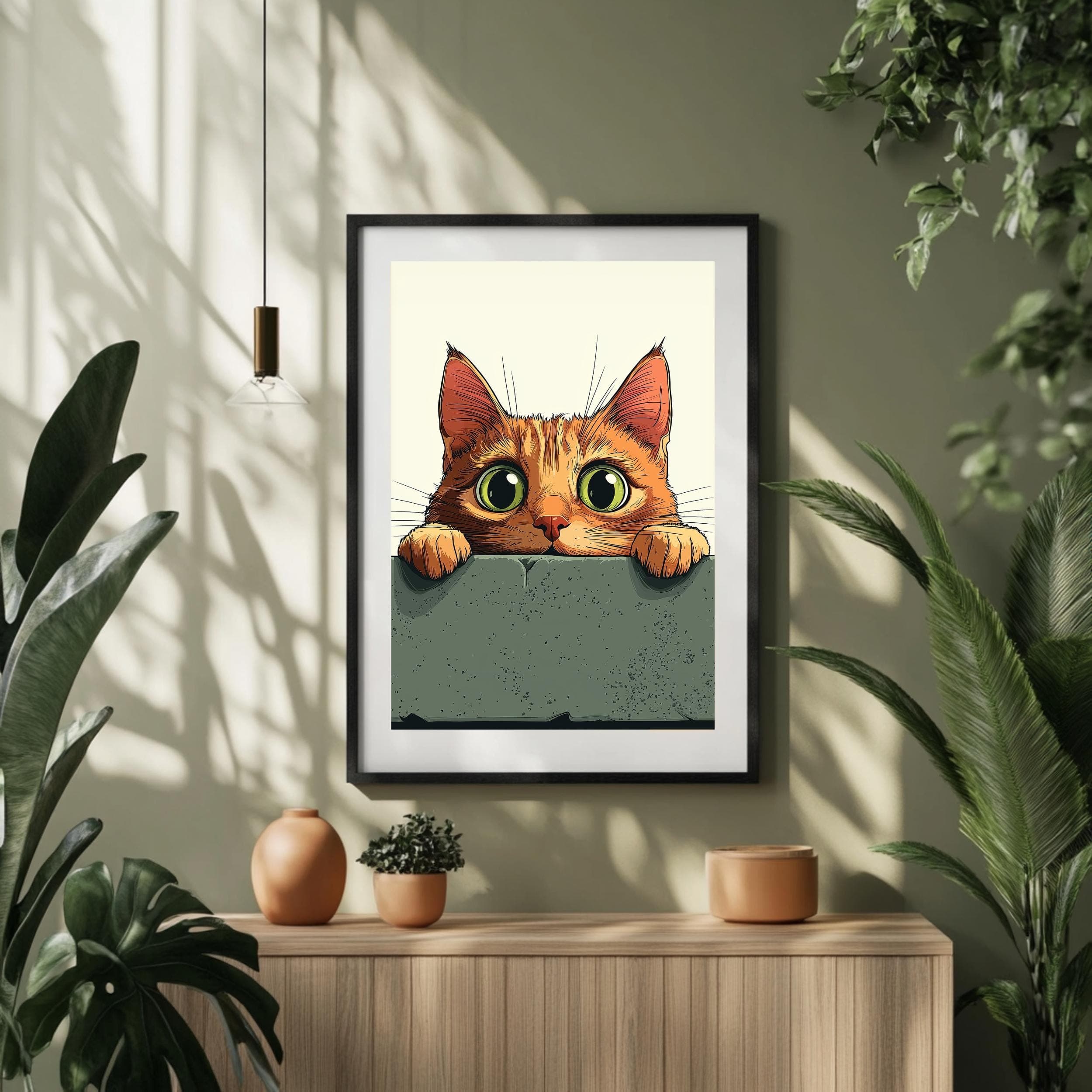 Whimsical Cat Peeking Art Print, Colorful Digital Wall Decor, Cute Cat Peeking Wall Art,  Playful Wall Decor for Kids' Room, Ginger Cat Art - view 5