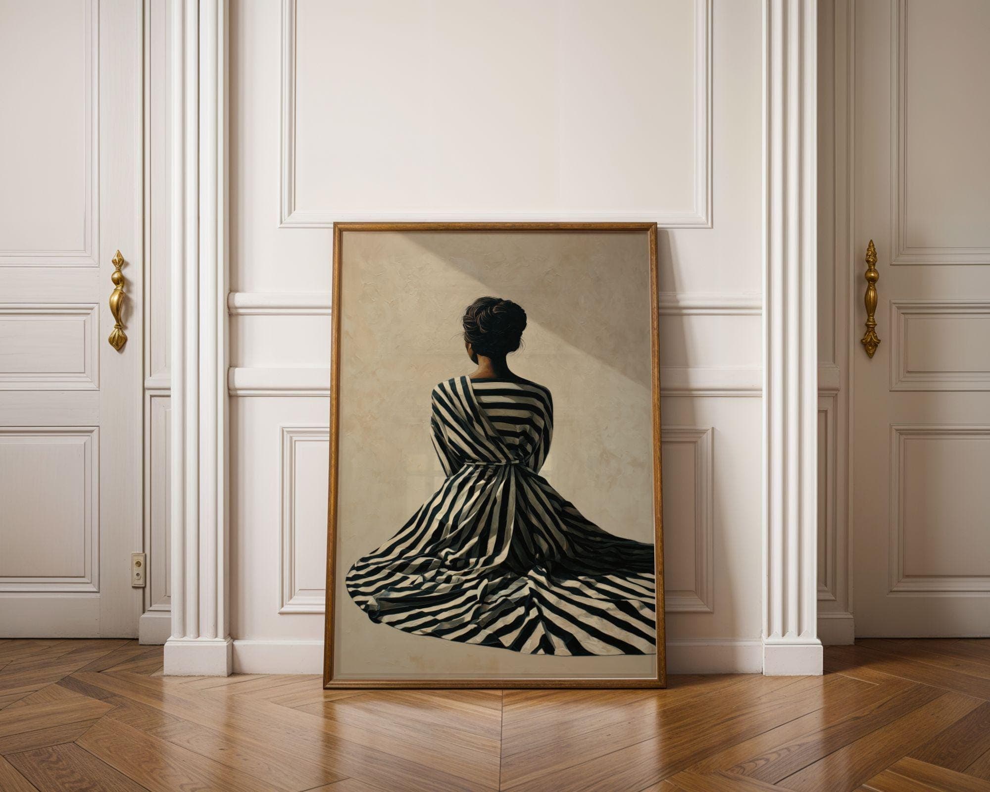 Black Woman Wall Art, Fashion Portrait, Neutral Tone Wall Art, Striped Dress Woman Print, Chic Fashion Illustration Print, Modern Aesthetic - view 5