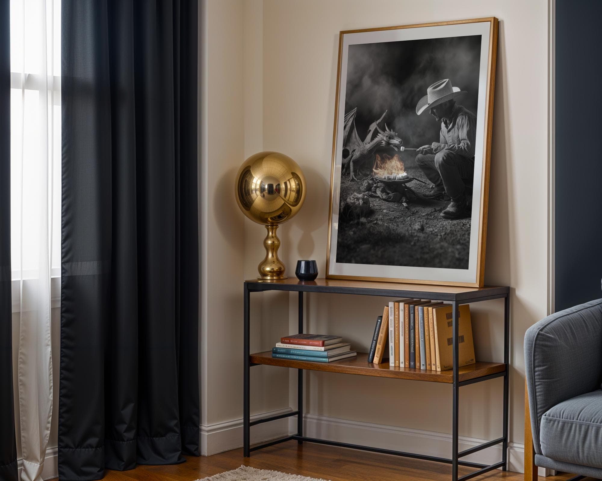 Cowboy and Dragon Campfire Fantasy Wall Art in Black and White Surreal Western Dragon Print, Fantasy Western Dragon Campfire Poster - view 3