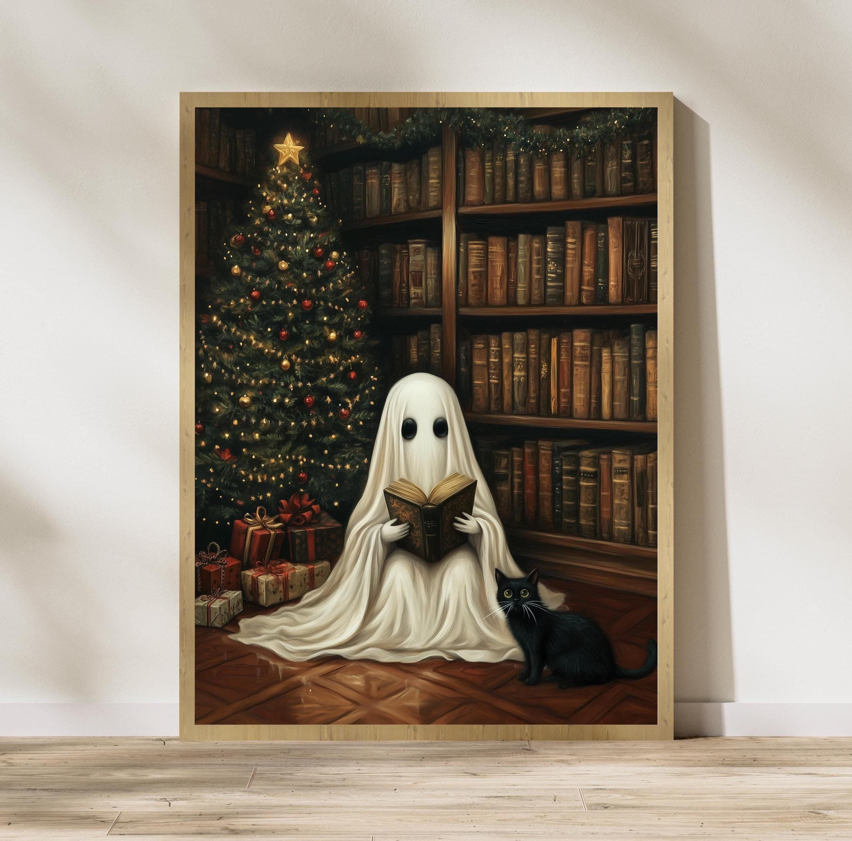 Ghost and Black Cat Wall Art, Spooky Christmas Decor, Whimsical Holiday Wall Art, Halloween and Christmas Art, Digital Download, Ghost Art