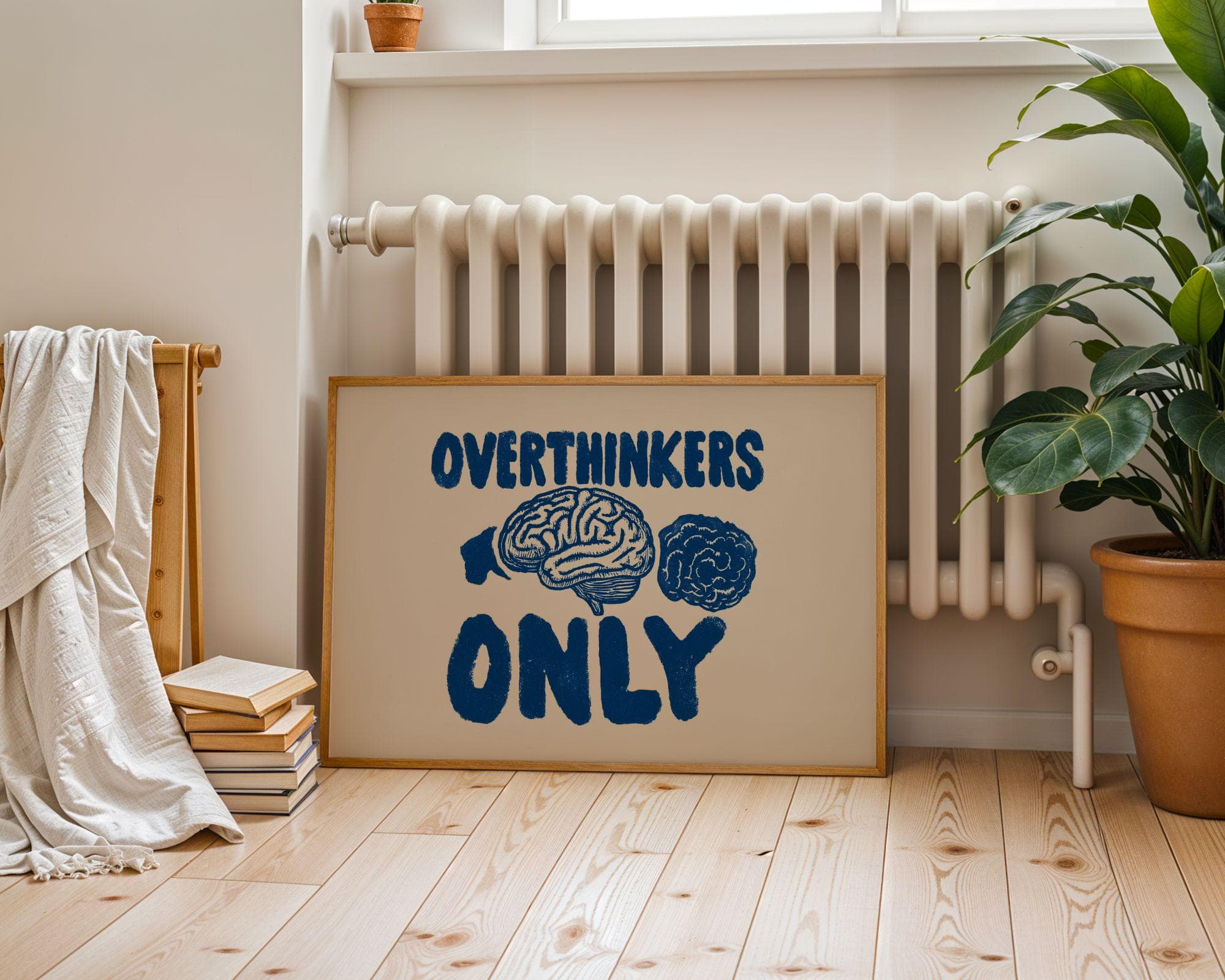 Overthinkers Only Wall Art, Mental Health Wall Art, Retro Typography Poster, Anxiety Humor Wall Art, Dorm Room Wall Art, Blue Beige Print