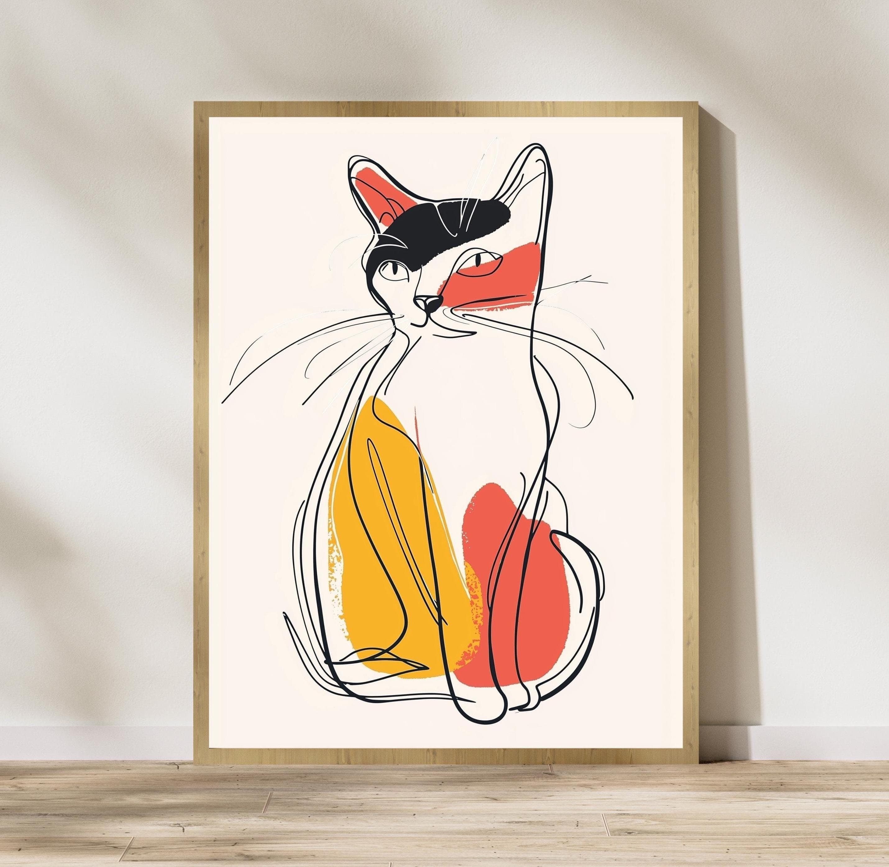 Abstract Cat Poster, Abstract Yellow and Red Cat Illustration, Minimalist Wall Decor, Whimsical Cat Art Print, Minimalist Cat Wall Decor